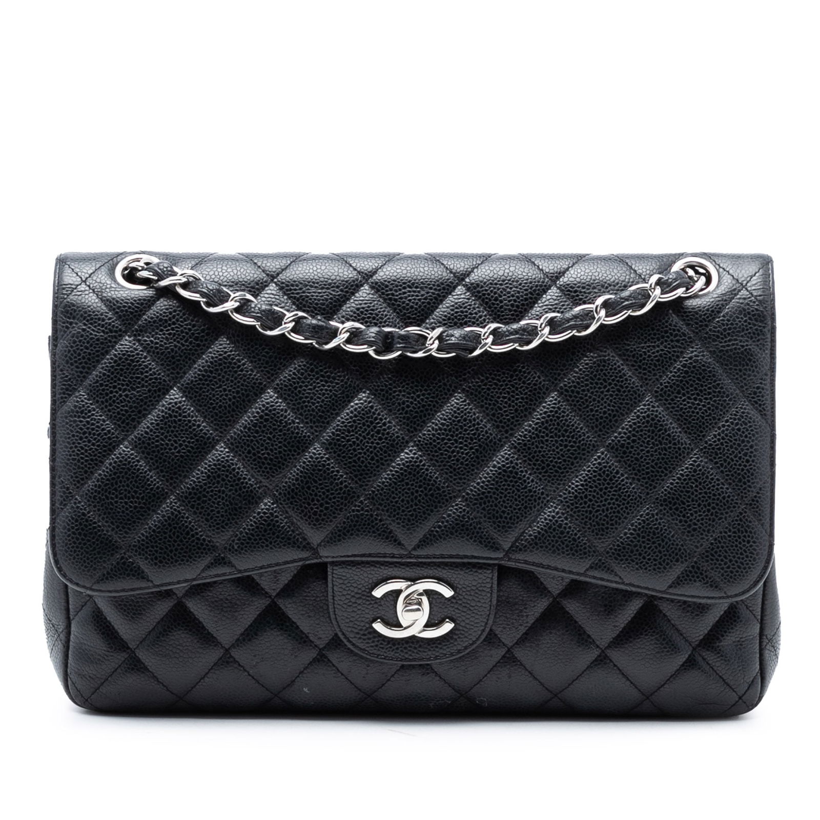 Black Chanel Jumbo Classic Caviar Leather Double Flap Shoulder Bag: Black Chanel Jumbo Classic Caviar Leather Double Flap Shoulder Bag This Chanel Jumbo Classic Caviar Double Flap shoulder bag features a quilted caviar leather exterior in black with leather-woven chai
