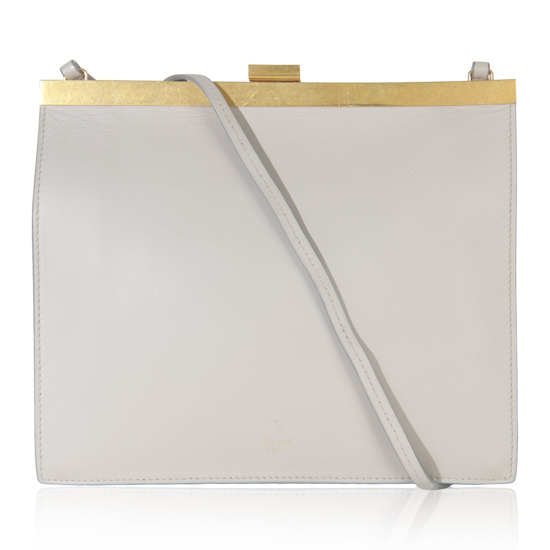 Celine Mini Clasp Bag in Light Grey Leather with Dustbag: Celine Mini Clasp Bag in Light Grey Leather with Dustbag This Celine Mini Clasp Bag is crafted from light grey smooth calfskin leather and features a kiss lock closure. The bag has a gold-tone hardwar