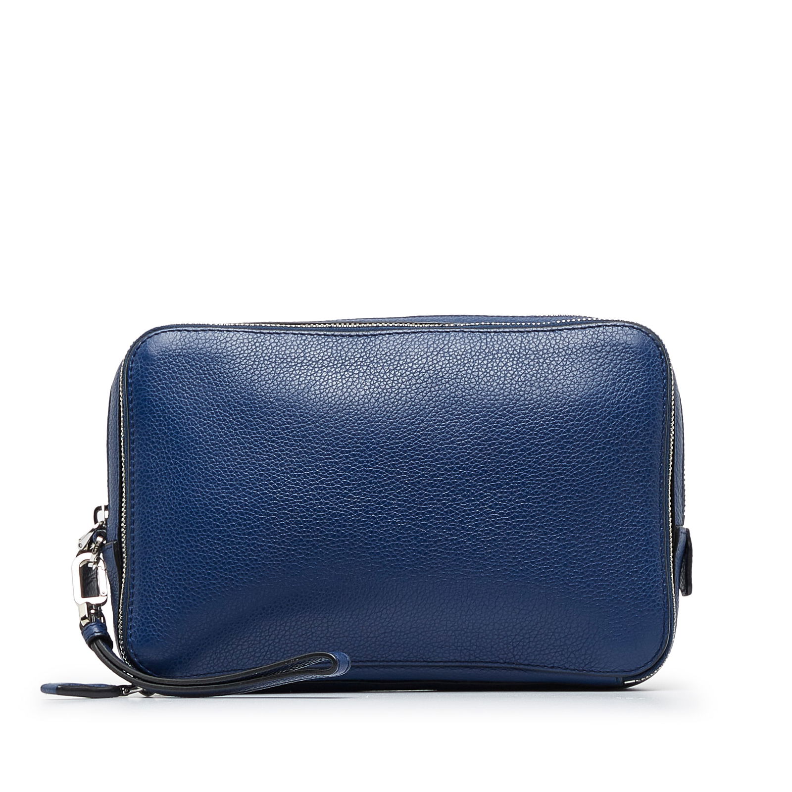 Prada Vitello Daino Blue Leather Clutch Bag Italy: Prada Vitello Daino Blue Leather Clutch Bag Italy This Prada Vitello Daino Clutch Bag showcases a luxurious vitello daino leather body in a rich blue color. It features dual top zip closures for secur