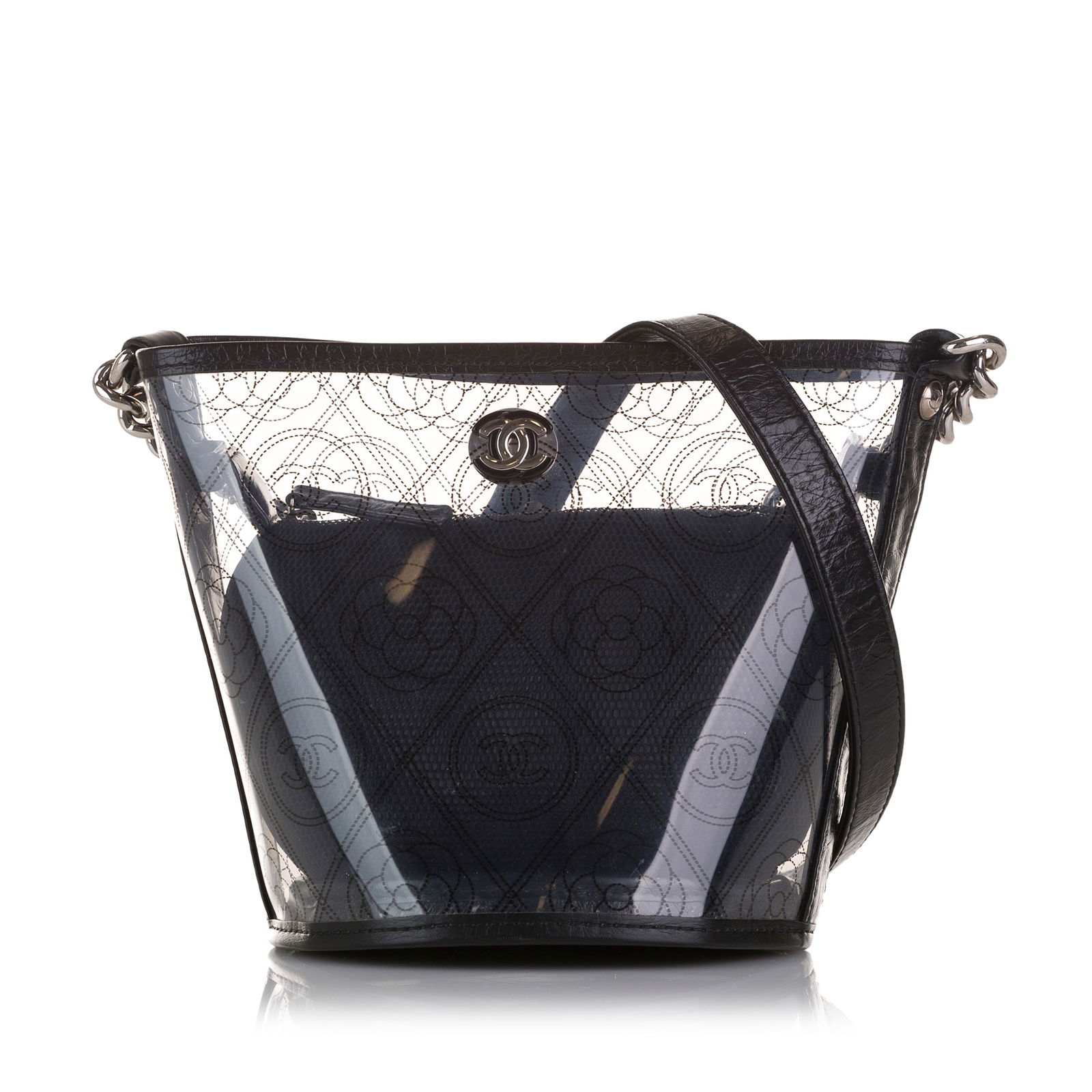 Chanel Black Crumpled Calfskin PVC Camellia Bucket Bag: Chanel Black Crumpled Calfskin PVC Camellia Bucket Bag Introducing the Chanel Crumpled Calfskin PVC Camellia Bucket, a stylish bucket bag designed for elegance and functionality. This bag is crafted w