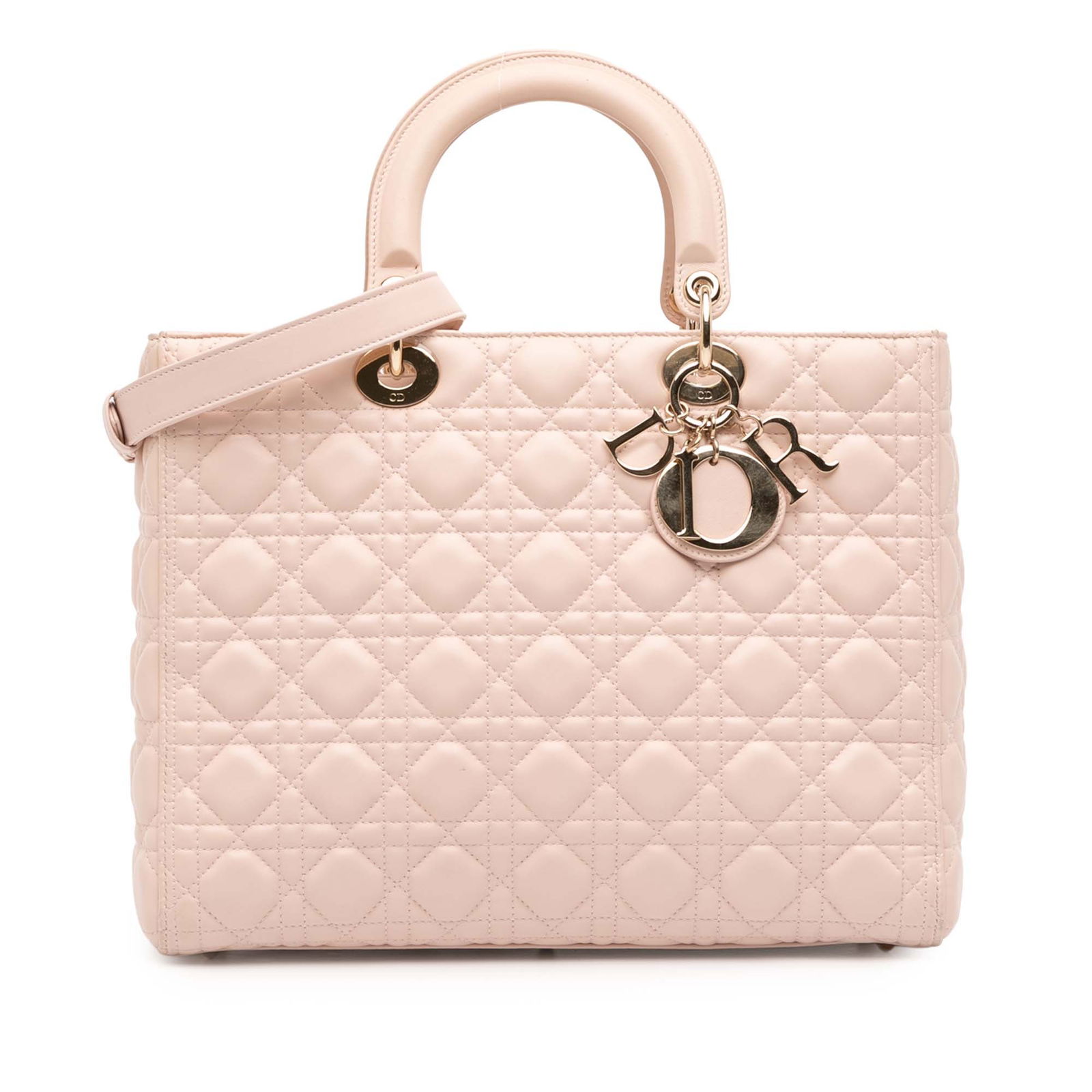 Dior Large Lambskin Cannage Lady Dior Pink Handbag: Dior Large Lambskin Cannage Lady Dior Pink Handbag This Large Lambskin Cannage Lady Dior bag is a stunning example of luxury craftsmanship. Made from quilted lambskin leather, it features flat leather