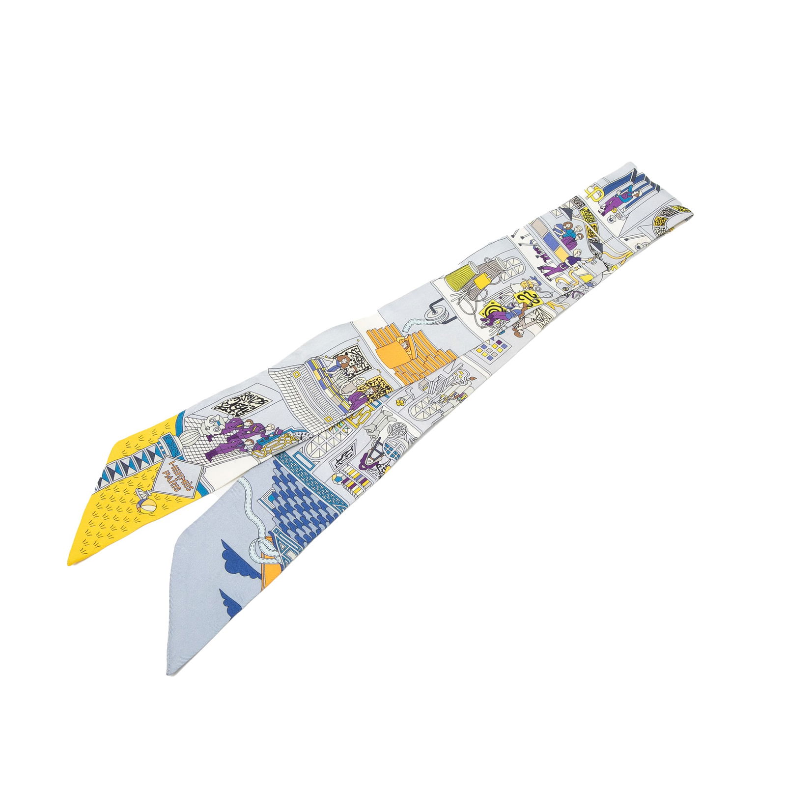 Hermes Blue Silk Twilly Scarf La Maison des Carres Print: Hermes Blue Silk Twilly Scarf La Maison des Carres Print This Hermes La Maison des Carres Twilly Scarf features a distinctive print on 100% silk in blue. The accessory is crafted in France and is desi