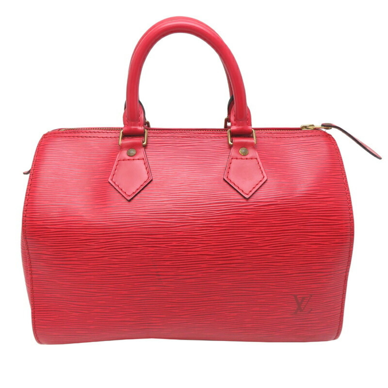 Louis Vuitton Speedy 25 Red Leather Handbag France: Louis Vuitton Speedy 25 Red Leather Handbag France The Louis Vuitton Speedy 25 is a unisex handbag crafted in red leather. This model features a spacious interior and is made in France. The bag displa