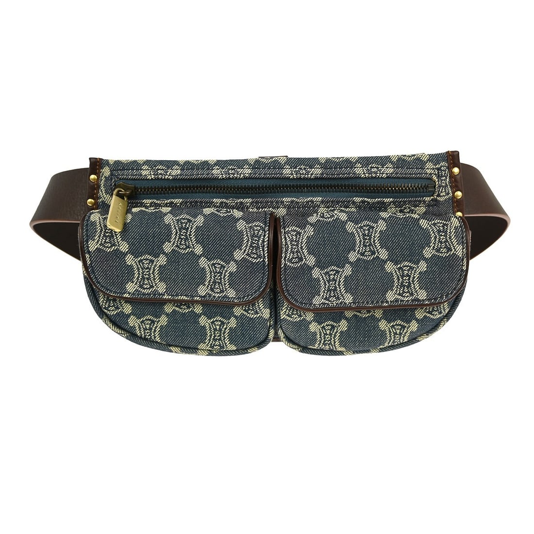 Celine Macadam Blue Denim Waist Bag with Gold-Plated Hardware: Celine Macadam Blue Denim Waist Bag with Gold-Plated Hardware This Celine Macadam bum bag features a blue denim exterior with the iconic Macadam pattern and a logo accent. The medium-sized waist pouch
