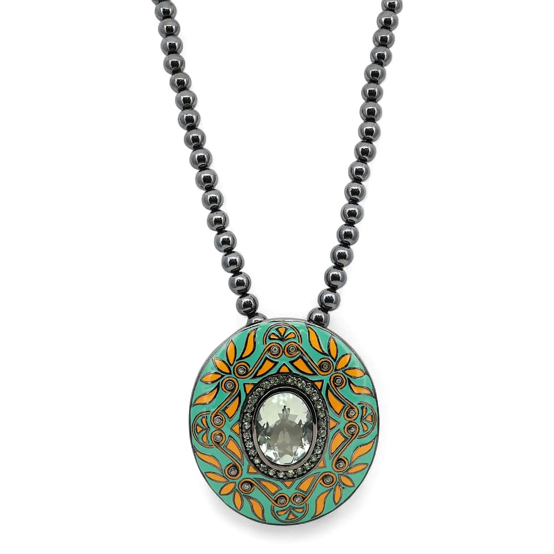 MCL Sterling Silver Pendant Necklace with Green Tourmaline and Enamel: MCL Sterling Silver Pendant Necklace with Green Tourmaline and Enamel This Matthew Campbell Laurenza pendant necklace is crafted from 925 sterling silver and features an artistic oval-shaped pendant a