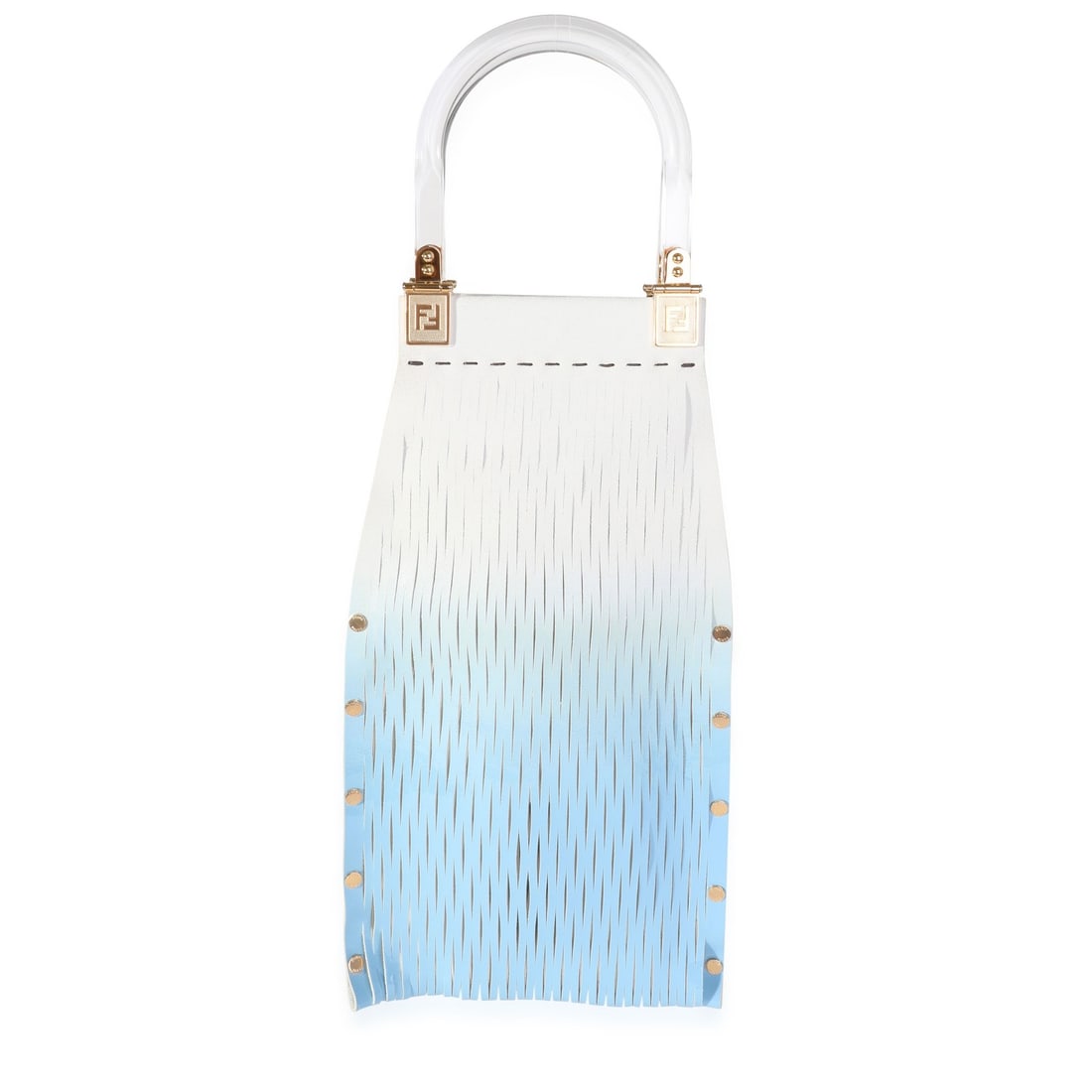 Fendi Sunny Top Handle Bag Blue Gradient Leather Suede 2021: Fendi Sunny Top Handle Bag Blue Gradient Leather Suede 2021 Elevate your accessory collection with the Fendi Blue Gradient Laser Cut Patent & Suede Sunny Top Handle Bag. This stylish handbag features