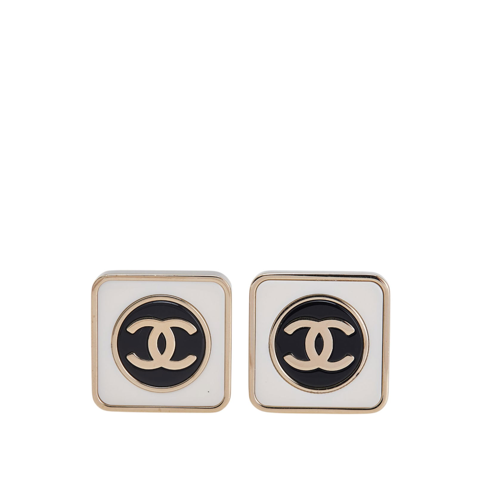 Chanel Silver Plated Enamel CC Square Earrings Italy: Chanel Silver Plated Enamel CC Square Earrings Italy Add a touch of elegance to your ensemble with these Chanel Silver Plated Enamel CC Square Push Back Earrings. Crafted with enamel set in silver-ton