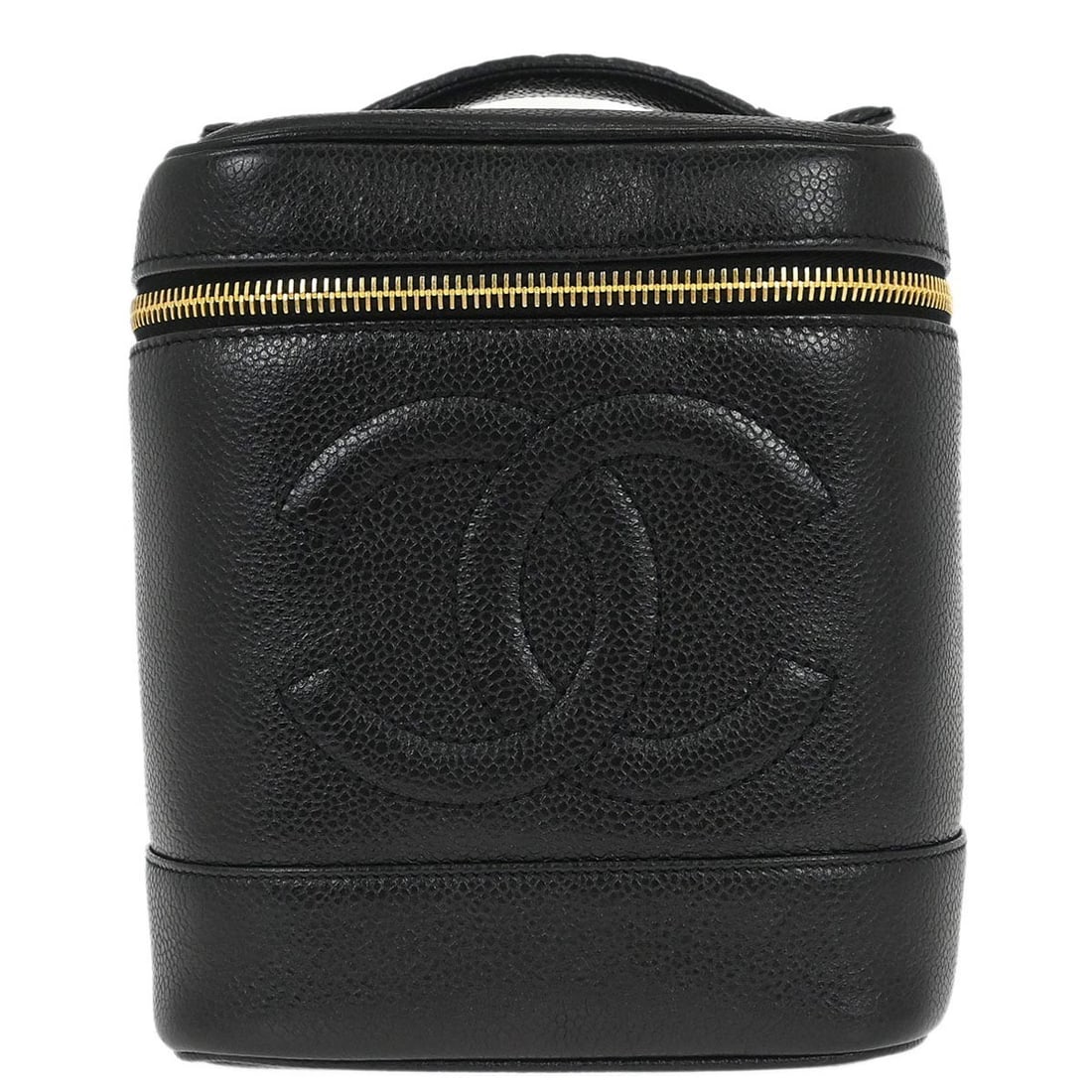 Chanel Caviar Skin Vanity Top Handle Bag Black Leather Medium: Chanel Caviar Skin Vanity Top Handle Bag Black Leather Medium This Chanel Timeless Vanity handbag is crafted from black caviar skin leather and features a classic top handle design. The bag is accente