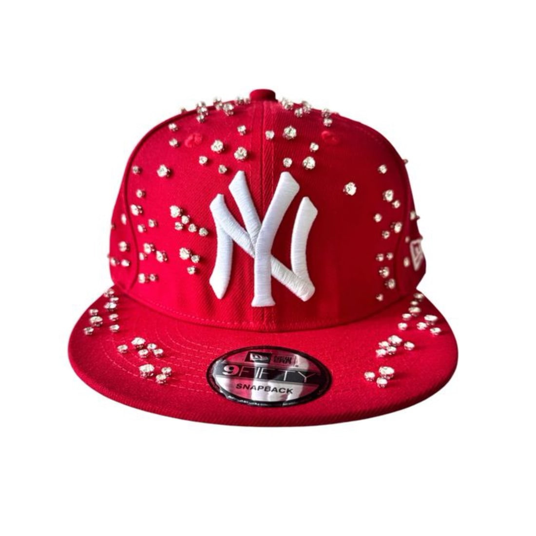 Red Snapback Hat with Yankees Rhinestones and Kitted Design (1 of 1)