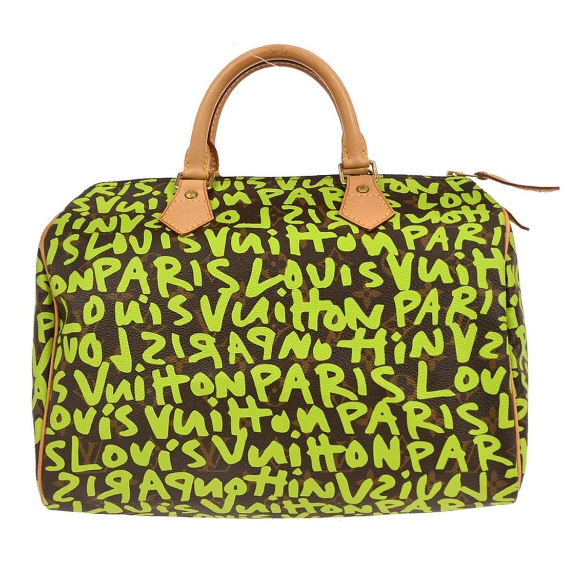 Green Graffiti Canvas Louis Vuitton Speedy 30 Monogram Handbag M93706: Green Graffiti Canvas Louis Vuitton Speedy 30 Monogram Handbag M93706 This Louis Vuitton Speedy 30 handbag features a green Monogram Graffiti pattern on canvas leather. The medium-sized duffle style b