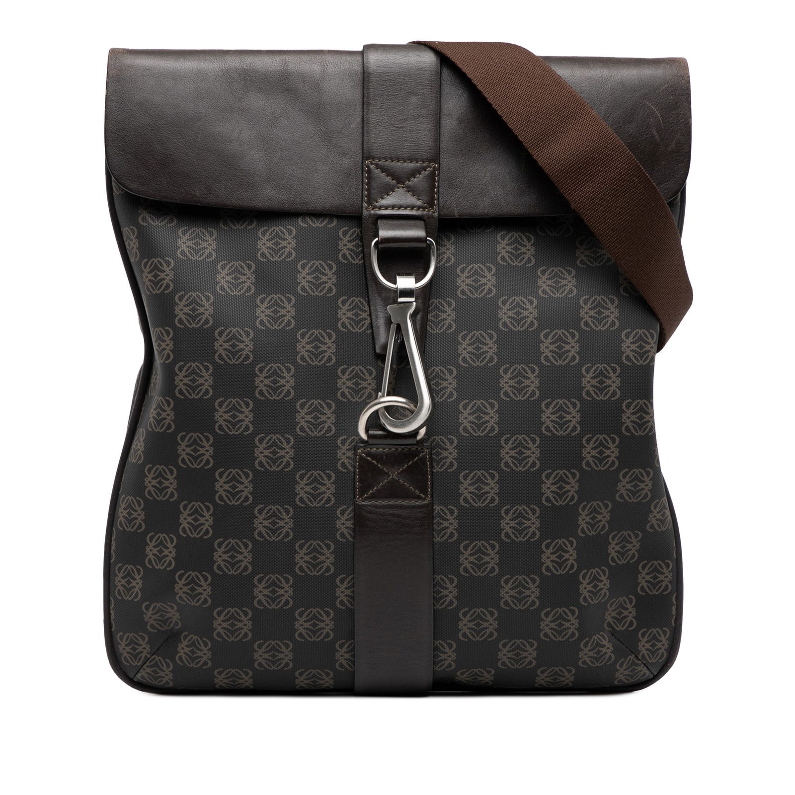 LOEWE Anagram Coated Canvas Crossbody Bag Brown: LOEWE Anagram Coated Canvas Crossbody Bag Brown The LOEWE Anagram Coated Canvas Crossbody is an elegant accessory crafted from coated canvas with luxurious leather trim. It features an adjustable flat