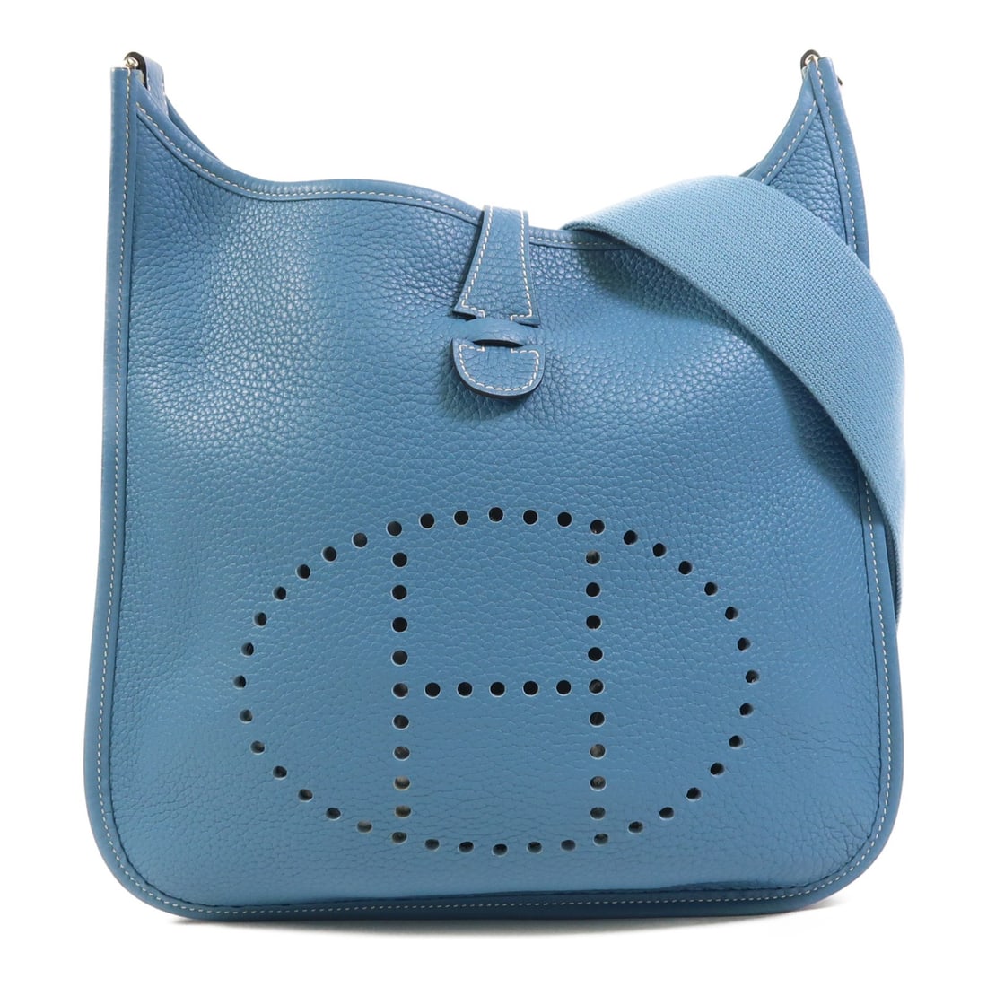 Hermes Evelyne PM Blue Clemence Leather Shoulder Bag with Palladium Hardware: Hermes Evelyne PM Blue Clemence Leather Shoulder Bag with Palladium Hardware This Hermes Evelyne PM shoulder bag features Clemence leather in a Bleu Jean color. Crafted from calfskin, the bag offers a