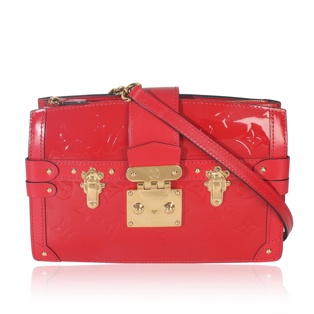 Louis Vuitton Trunk Clutch Patent Leather Shoulder Bag Red with Removable Strap: Louis Vuitton Trunk Clutch Patent Leather Shoulder Bag Red with Removable Strap This Louis Vuitton Cherry Monogram Vernis Trunk Clutch Bag features a striking red patent leather exterior and a beige l