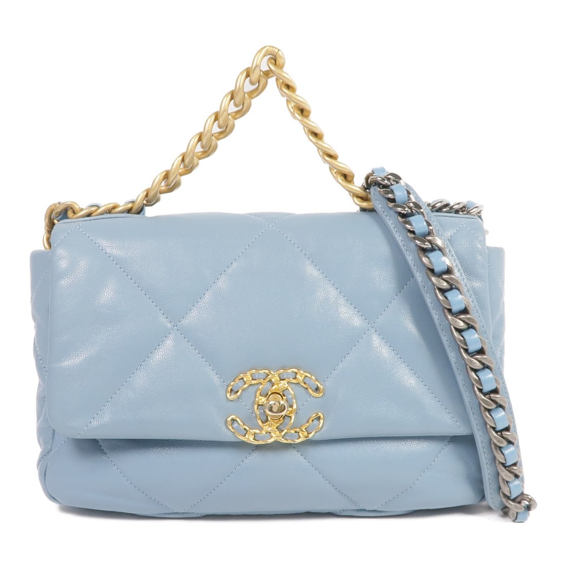 Blue Lambskin Small 2 Way Shoulder Bag CHANEL C19 Collection: Blue Lambskin Small 2 Way Shoulder Bag CHANEL C19 Collection This CHANEL CC C19 small 2-way shoulder bag is crafted from blue lambskin leather. Featuring a versatile design, it can be worn in multiple
