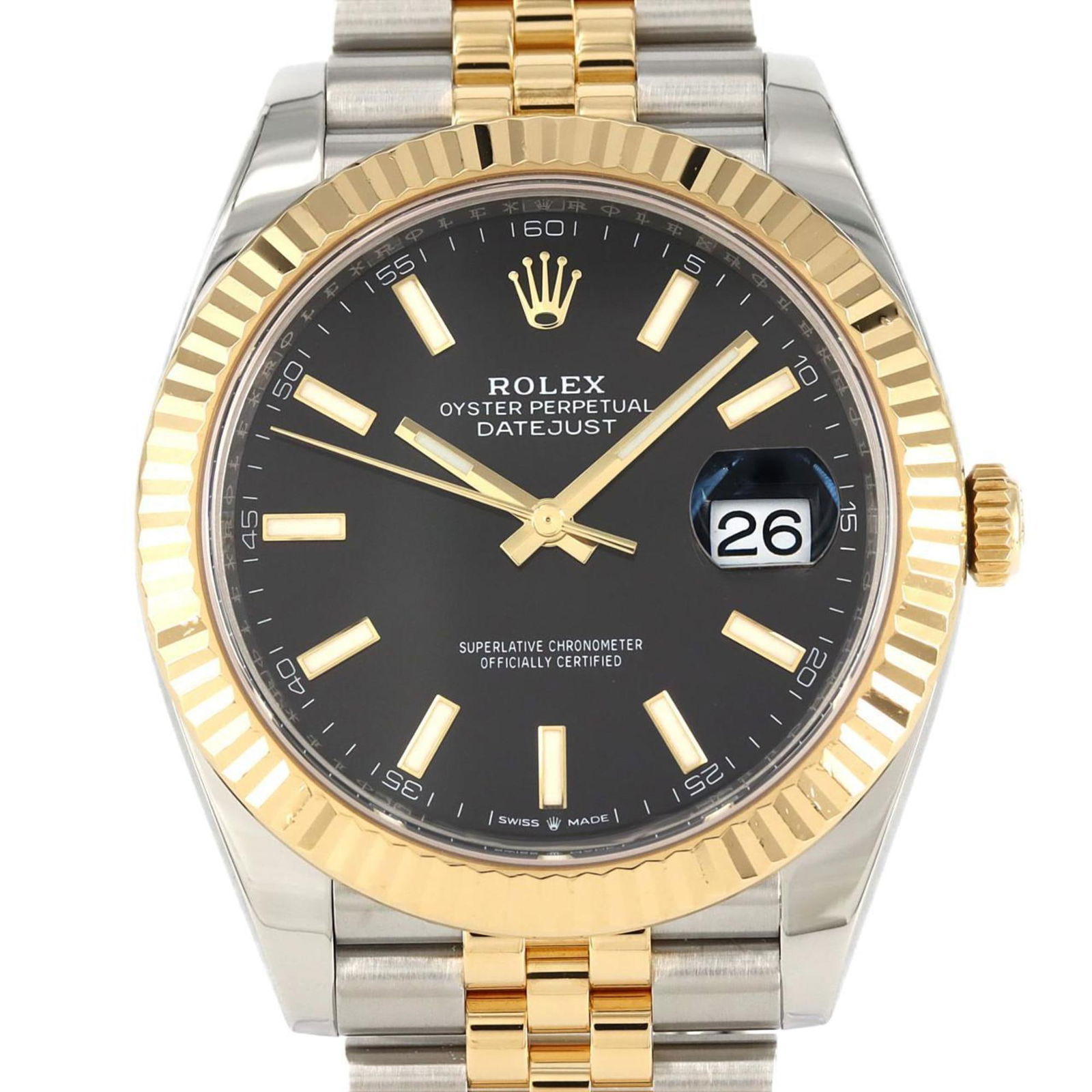Gold and Steel Rolex Datejust 41mm Mens Watch Black Dial: Gold and Steel Rolex Datejust 41mm Mens Watch Black Dial This Rolex Datejust is a men's wristwatch crafted from gold and steel with a black dial. The watch features a case diameter of 41mm and accommo