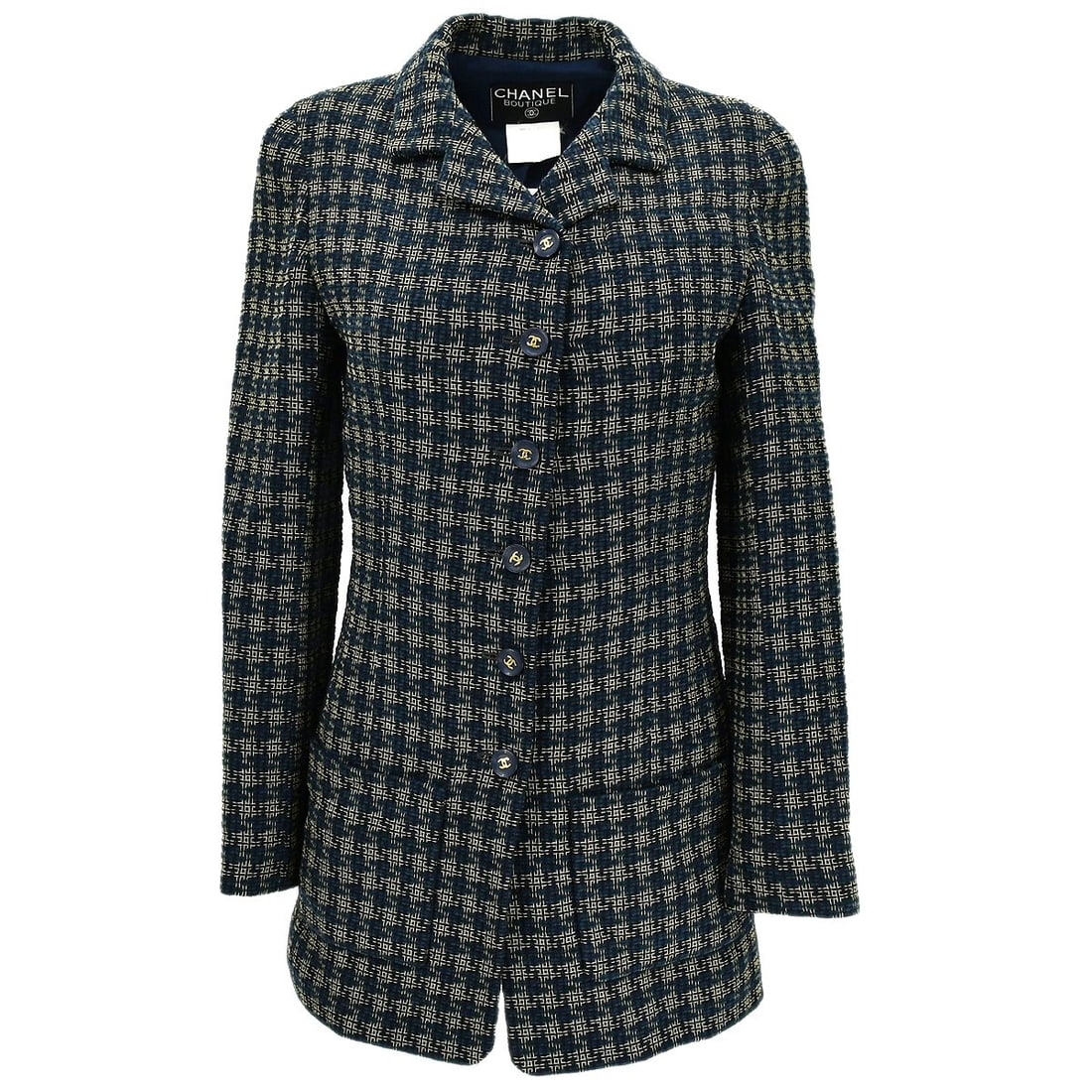 Chanel Vintage Navy Single Breasted Jacket Size 36: Chanel Vintage Navy Single Breasted Jacket Size 36 Elevate your wardrobe with this sophisticated Chanel Single Breasted Jacket in a classic navy hue. Crafted from a premium blend of 65% wool, 30% acry