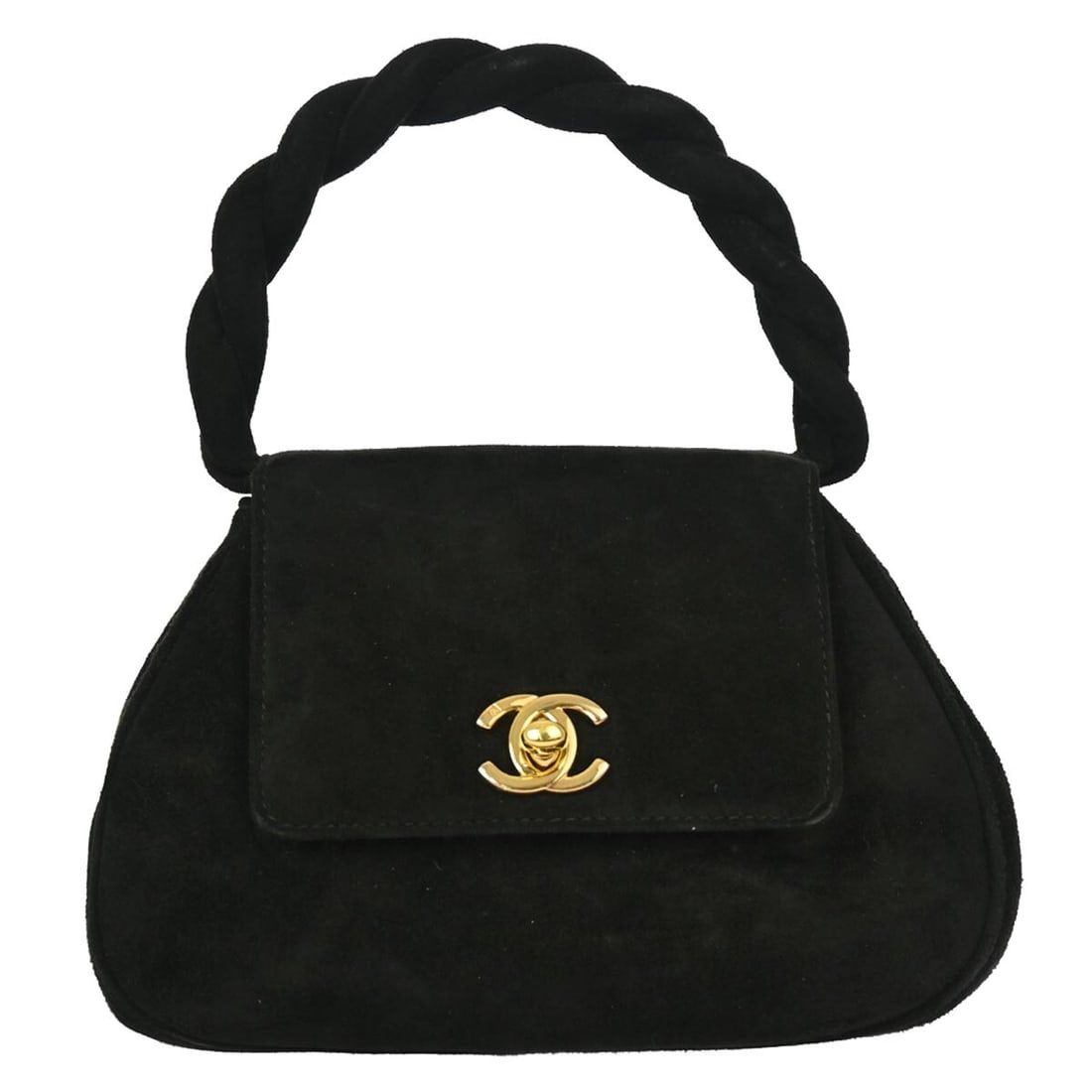 Chanel Black Nubuck Mini Handbag with Turn Lock Closure: Chanel Black Nubuck Mini Handbag with Turn Lock Closure This elegant Chanel Black Suede Handbag combines luxury and practicality. Crafted from high-quality nubuck, this mini top handle bag features a