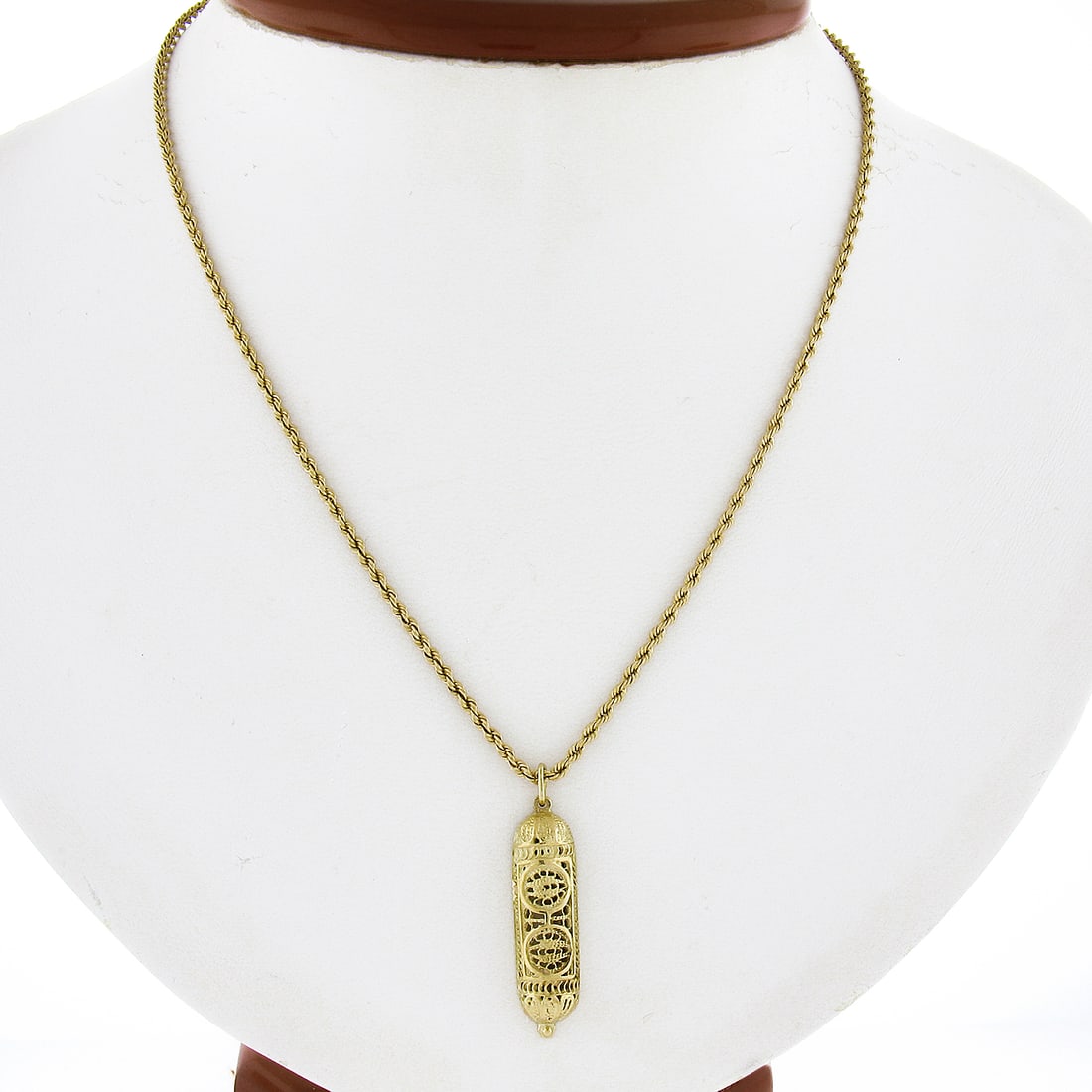 14K Yellow Gold Mezuzah Pendant Necklace on 24 Inch Rope Chain: 14K Yellow Gold Mezuzah Pendant Necklace on 24 Inch Rope Chain This stunning unisex pendant features a beautifully textured Mezuzah design, crafted from solid 14K yellow gold. The pendant hangs elegan