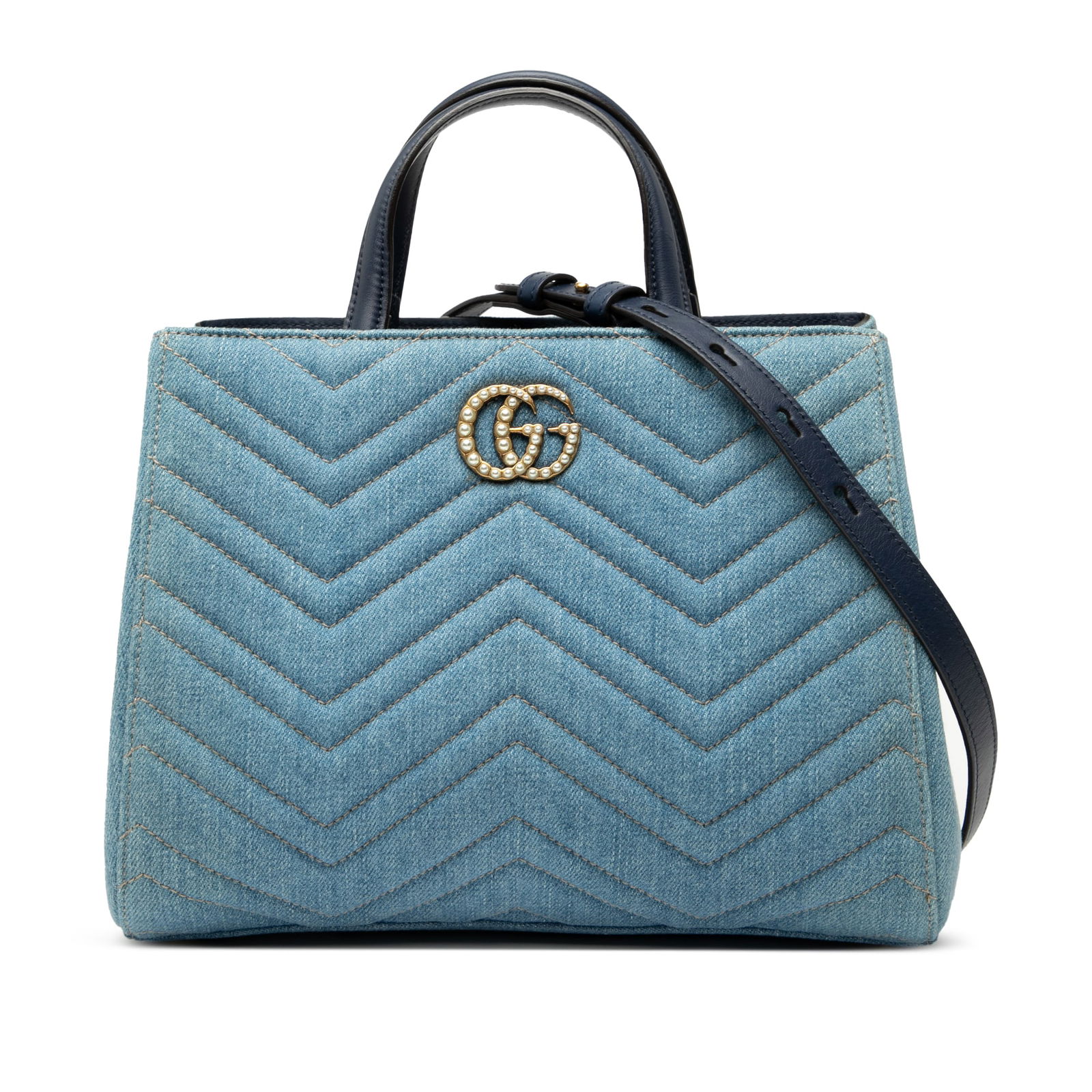 Gucci Small GG Marmont Denim Satchel with Pearly Finish: Gucci Small GG Marmont Denim Satchel with Pearly Finish Elevate your style with this Gucci Small GG Marmont Matelasse Denim Pearly Satchel. This chic satchel showcases a blue denim body complemented b