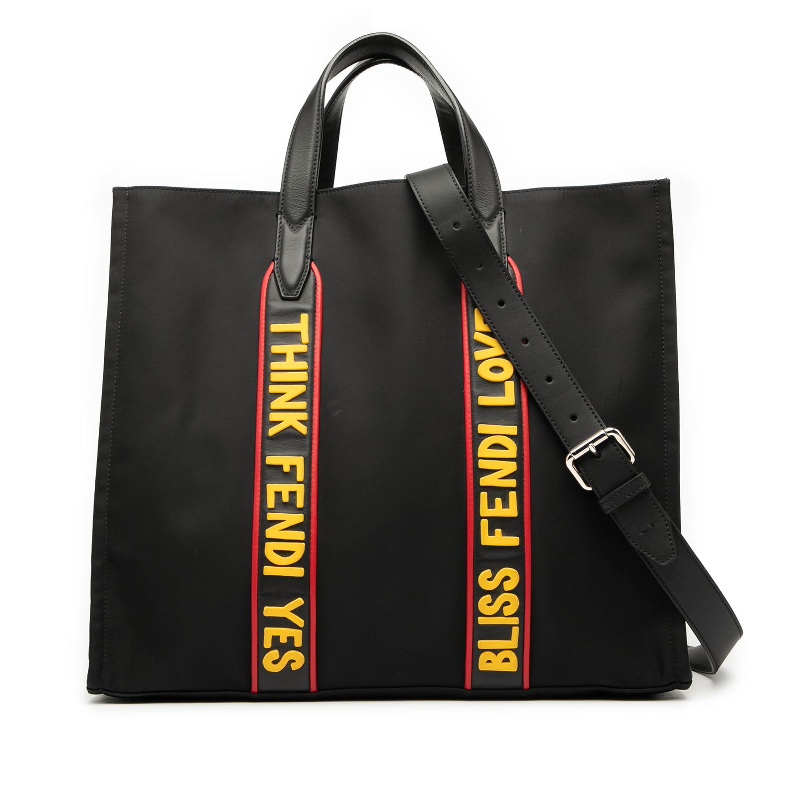 Fendi Large Nylon Think Yes Shopper Tote Black Fabric: Fendi Large Nylon Think Yes Shopper Tote Black Fabric This elegant Fendi Large Nylon Think Yes Shopper Tote is crafted from durable nylon with sophisticated leather trim. It features flat leather hand