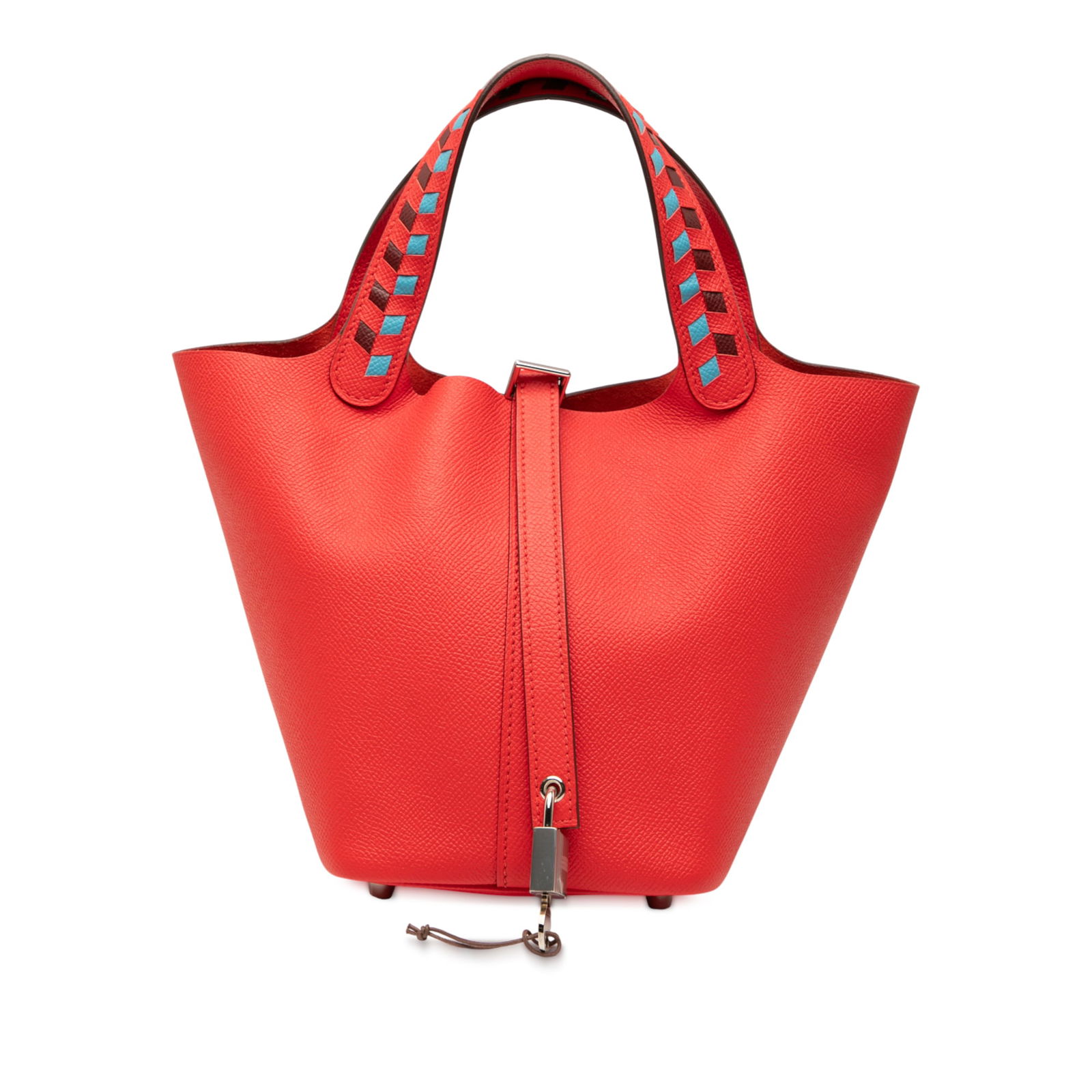 Hermes Epsom Tressage Picotin Lock 18 in Rouge Coeur and Bleu du Nord: Hermes Epsom Tressage Picotin Lock 18 in Rouge Coeur and Bleu du Nord The Hermes Epsom Tressage Picotin Lock 18 is a stunning handbag crafted from Epsom leather, showcasing a vibrant combination of Ro