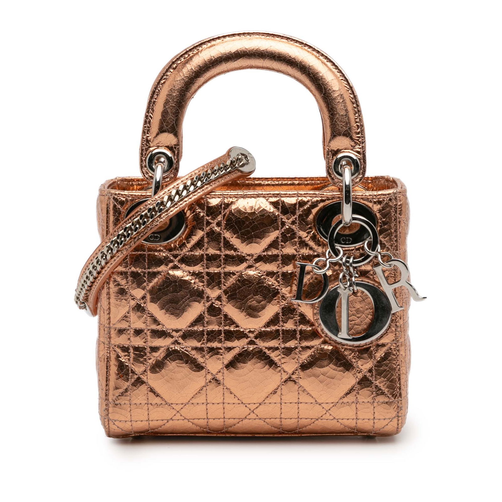 Dior Mini Cannage Lady Dior Bag in Metallic Crinkled Leather: Dior Mini Cannage Lady Dior Bag in Metallic Crinkled Leather This exquisite Mini Lady Dior bag showcases a luxurious quilted metallic leather body in a rich brown hue. Designed with flat leather top h