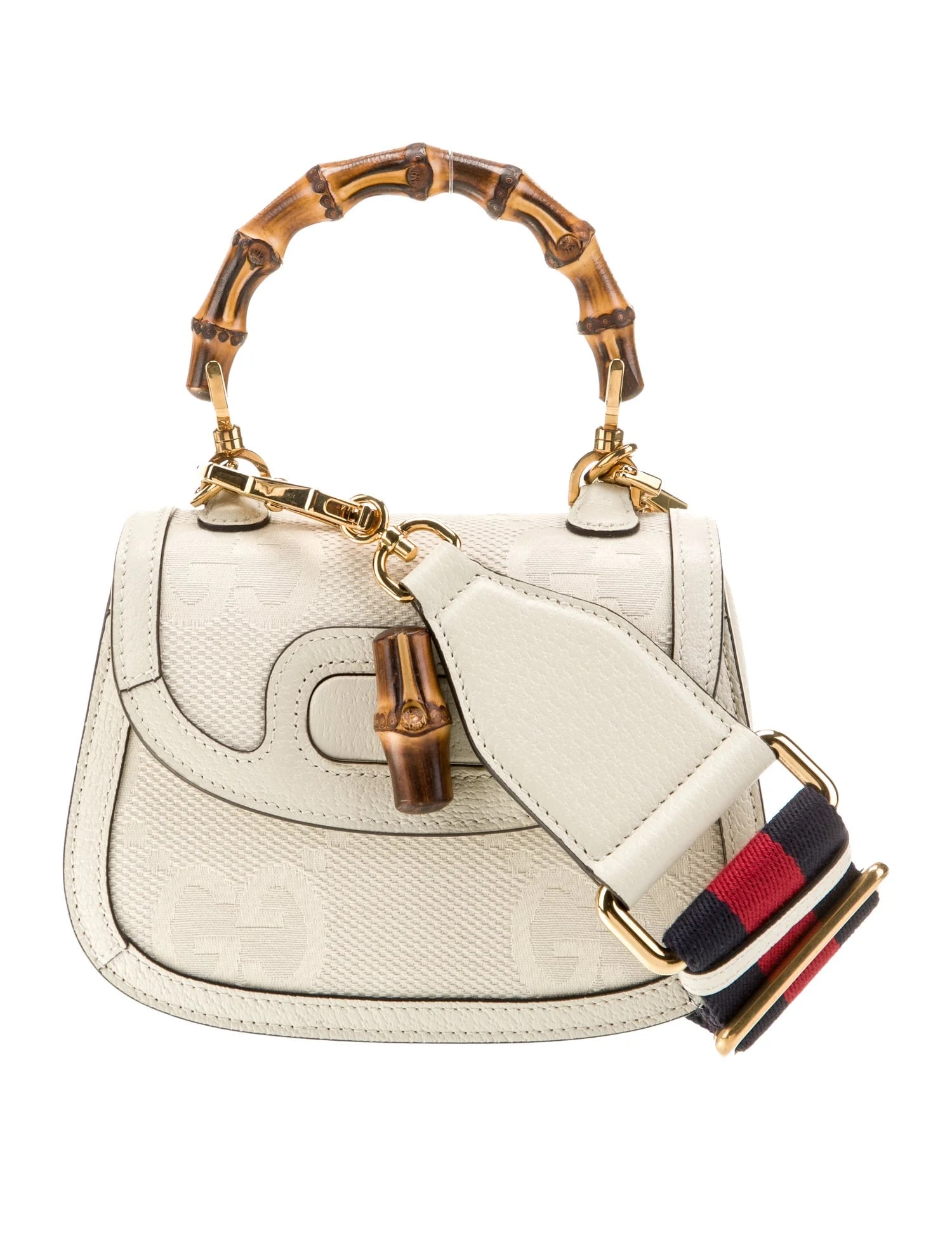 White Canvas Gucci Bamboo Handbag Made in Italy: White Canvas Gucci Bamboo Handbag Made in Italy This is a Gucci Bamboo handbag crafted from white canvas. Designed for women, the bag features the iconic bamboo handle and is made in Italy. It is in u