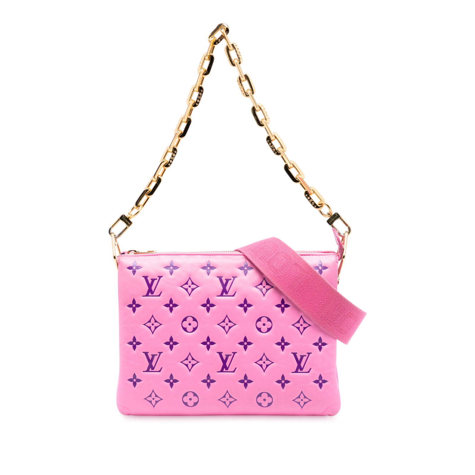 Louis Vuitton Bicolor Monogram Embossed Lambskin Coussin PM Pink Bag: Louis Vuitton Bicolor Monogram Embossed Lambskin Coussin PM Pink Bag This Louis Vuitton Coussin PM bag is crafted from luxurious embossed lambskin leather in a chic bicolor design. It features a versa