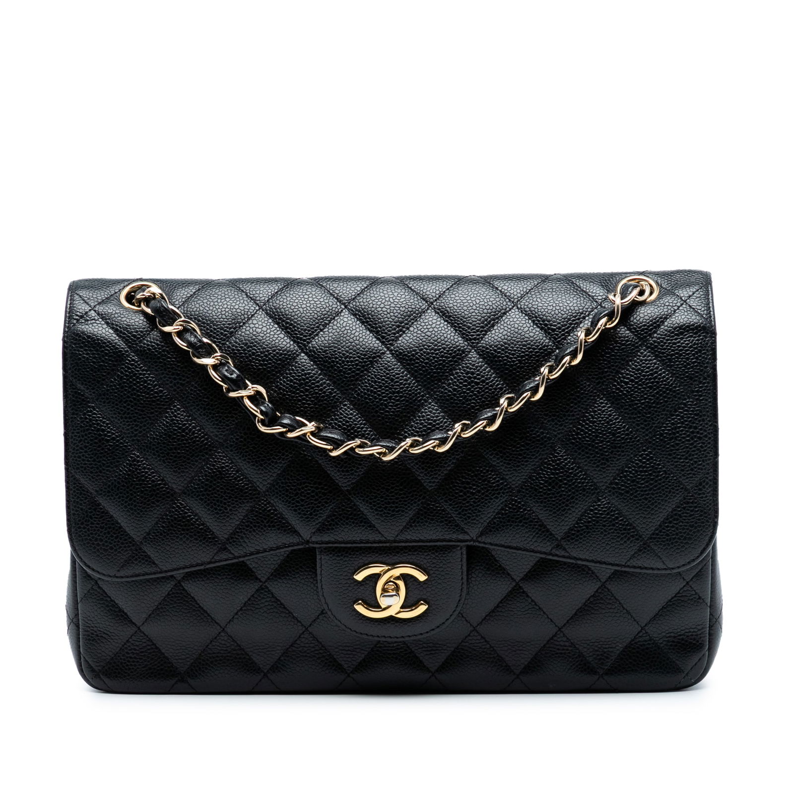Black Chanel Jumbo Classic Caviar Leather Double Flap Shoulder Bag: Black Chanel Jumbo Classic Caviar Leather Double Flap Shoulder Bag This Chanel Jumbo Classic Caviar Double Flap shoulder bag features a quilted caviar leather body in black, leather-woven chain straps
