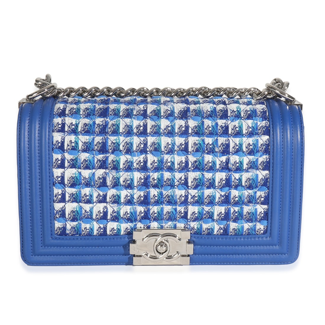 Blue Tweed and Lambskin Chanel Old Medium Boy Shoulder Bag with Card: Blue Tweed and Lambskin Chanel Old Medium Boy Shoulder Bag with Card This Chanel Old Medium Boy Bag features a blue lambskin leather and tweed exterior with a quilted design. The bag has a push lock c