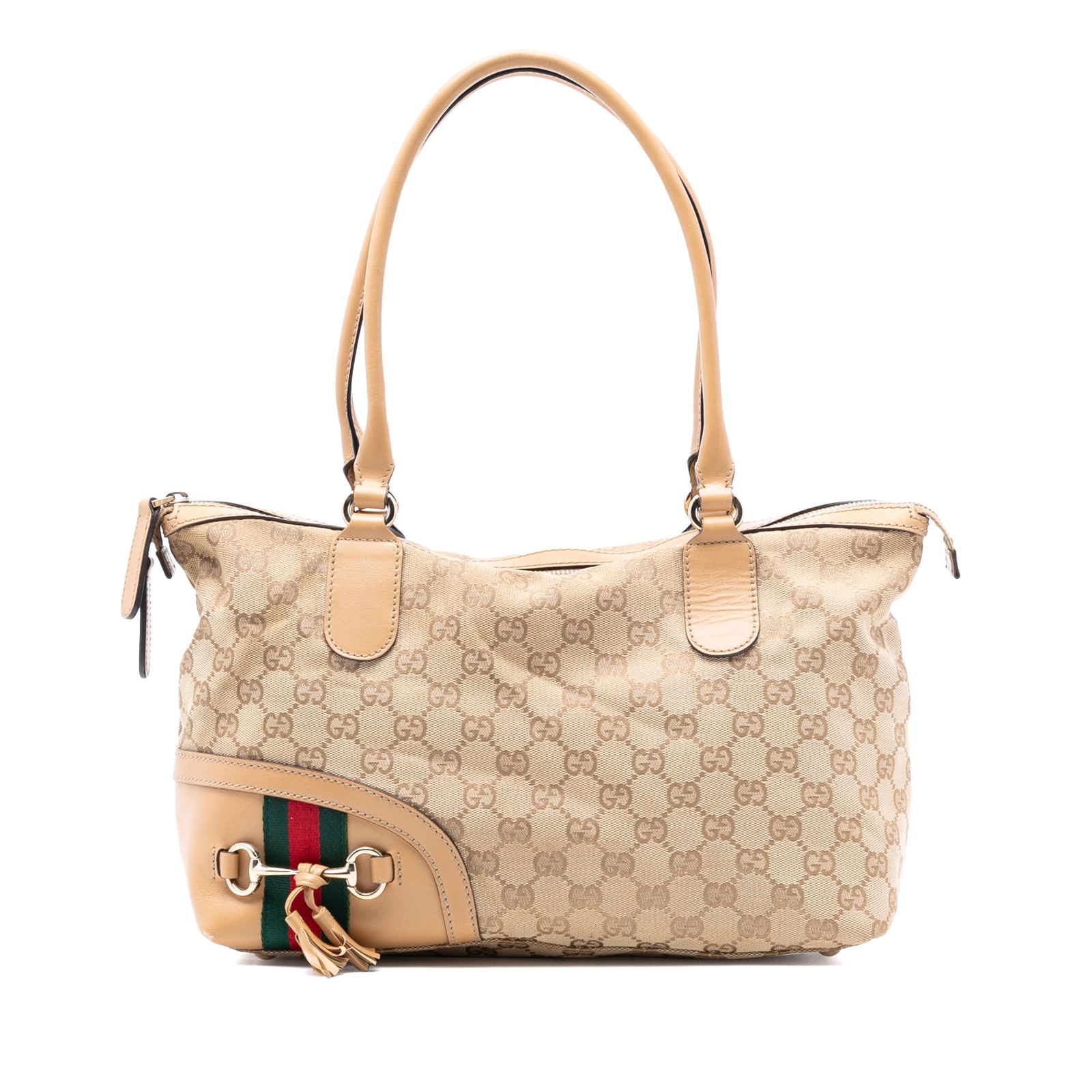 Gucci GG Canvas Horsebit Web Brown Fabric Handbag with Leather Trim (1 of 7)