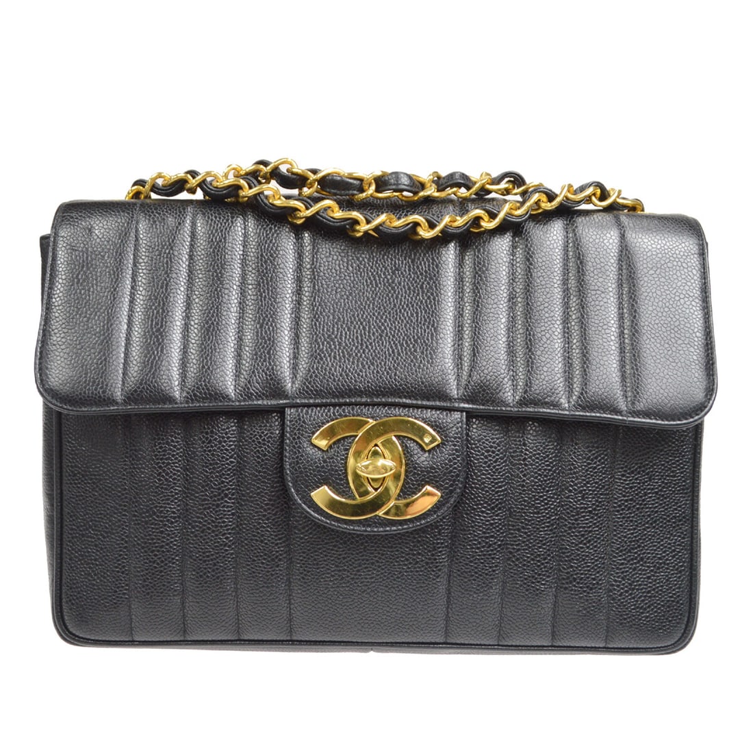 Chanel Black Caviar Skin Mademoiselle Jumbo Classic Flap Bag: Chanel Black Caviar Skin Mademoiselle Jumbo Classic Flap Bag Elevate your style with the Chanel Black Calfskin Mademoiselle Jumbo Classic Flap Bag, a luxurious accessory that combines sophistication a