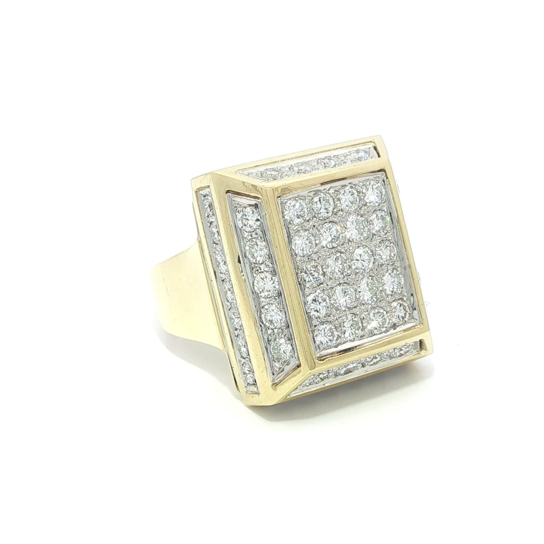 1.92ctw Diamond Cocktail Ring in 18k Gold and Platinum Geometric Platter Design: 1.92ctw Diamond Cocktail Ring in 18k Gold and Platinum Geometric Platter Design This vintage cocktail ring features a bold, boxy geometric platter design set with approximately 1.92 carats total weigh
