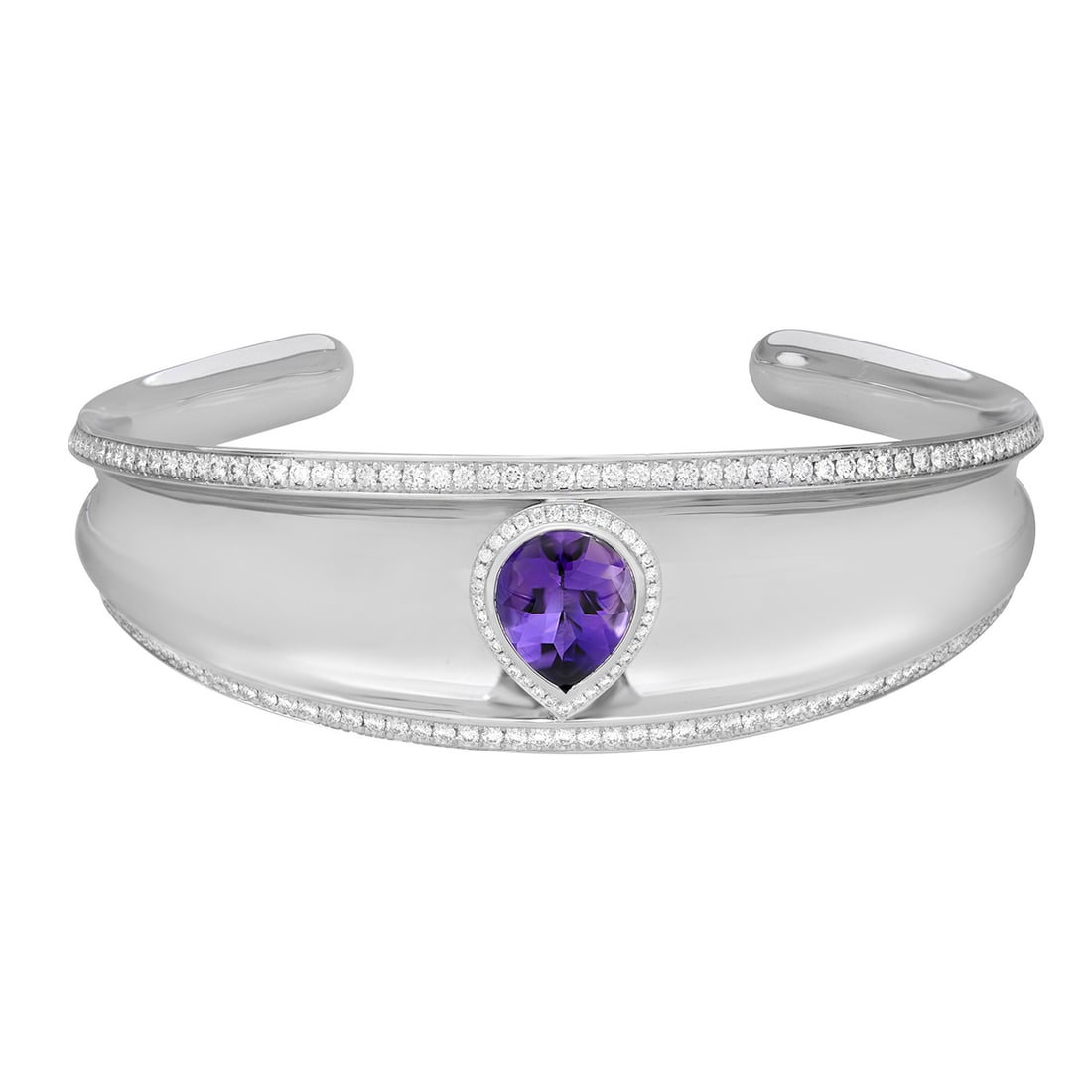 Chopard Imperiale Cuff Bracelet 18K White Gold Amethyst Diamonds 3.81ctw: Chopard Imperiale Cuff Bracelet 18K White Gold Amethyst Diamonds 3.81ctw Presenting a stunning Chopard Imperiale Cuff Bracelet crafted from luxurious 18K white gold. This bold and chic piece showcases