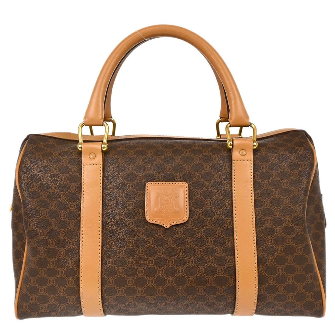 Celine Brown PVC Leather Macadam Top Handle Handbag M12: Celine Brown PVC Leather Macadam Top Handle Handbag M12 This Celine Brown Macadam Handbag is a stylish and practical accessory for casual occasions. Featuring a classic Macadam pattern, this small top