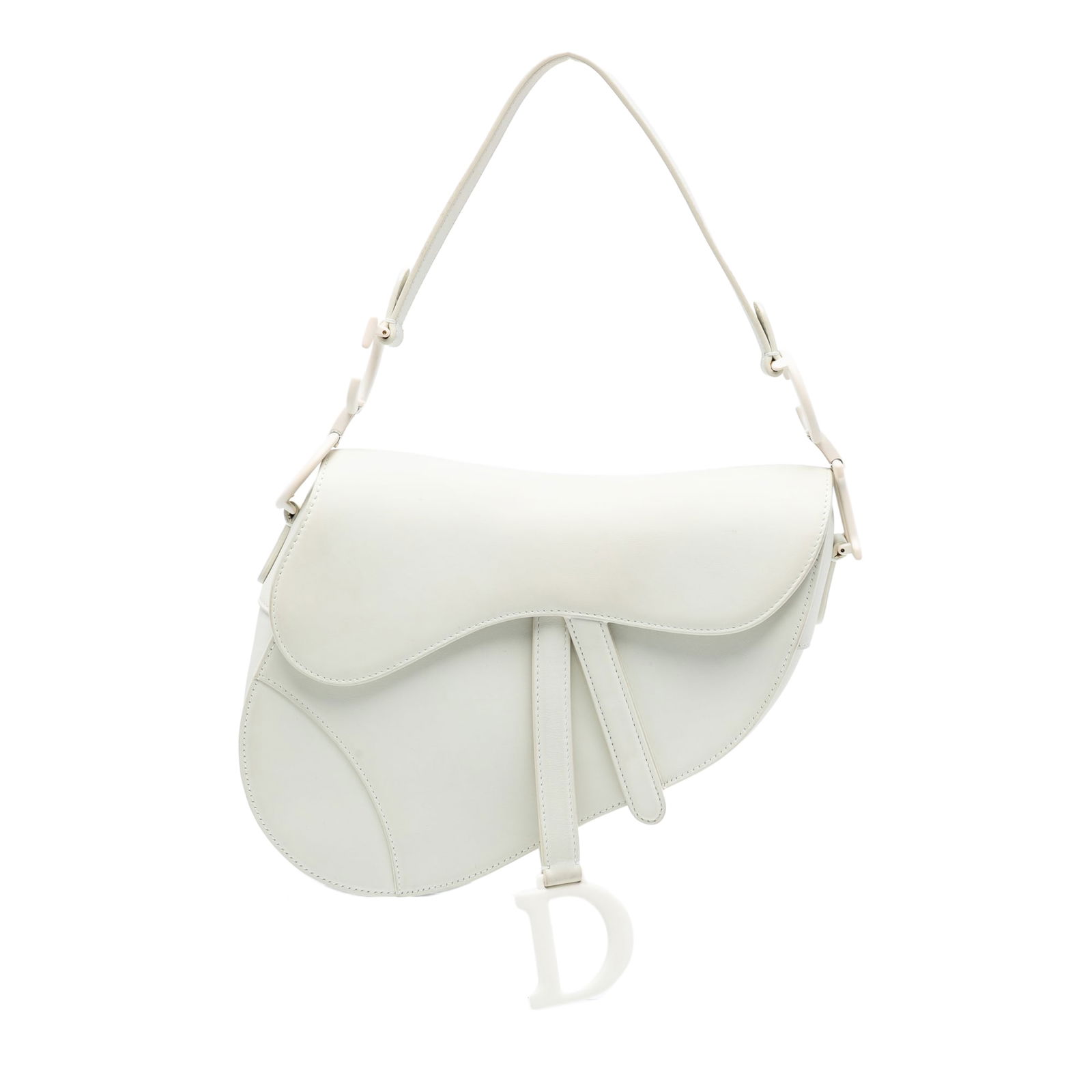 White Leather Saddle Bag by Dior Ultra Matte Calfskin Collection: White Leather Saddle Bag by Dior Ultra Matte Calfskin Collection This Dior Ultra Matte Calfskin Saddle Bag features a sleek white leather body with a flat leather shoulder strap, a front flap secured
