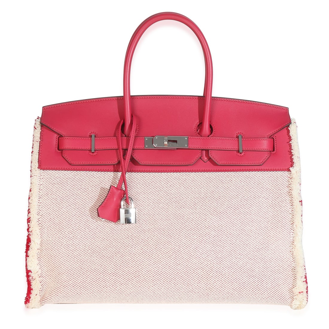 Hermes Birkin 35 Framboise Ecru Swift Leather Handbag with Silver-Tone Hardware: Hermes Birkin 35 Framboise Ecru Swift Leather Handbag with Silver-Tone Hardware Introducing the exquisite Hermes Framboise Ecru Swift Twill H Fray Fray Birkin 35, a stunning handbag that epitomizes lu