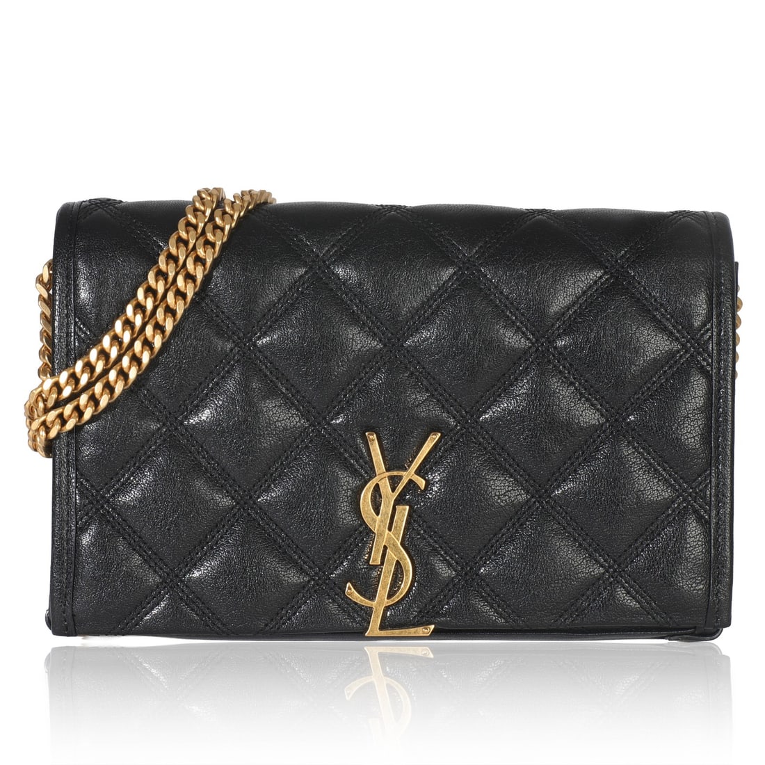 Black Mini Becky Quilted Leather Crossbody by Saint Laurent: Black Mini Becky Quilted Leather Crossbody by Saint Laurent This Saint Laurent Mini Becky Chain Bag features black quilted lambskin leather with gold-tone hardware. The bag offers versatile styling op