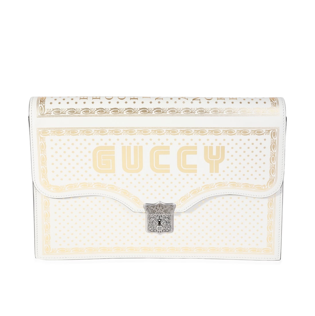 Gucci x Sega White Star Printed Calfskin GUCCY Portfolio Clutch: Gucci x Sega White Star Printed Calfskin GUCCY Portfolio Clutch Elevate your accessory game with the Gucci x Sega Mystic White Star Printed Calfskin GUCCY Portfolio Clutch. This stunning unisex clutch