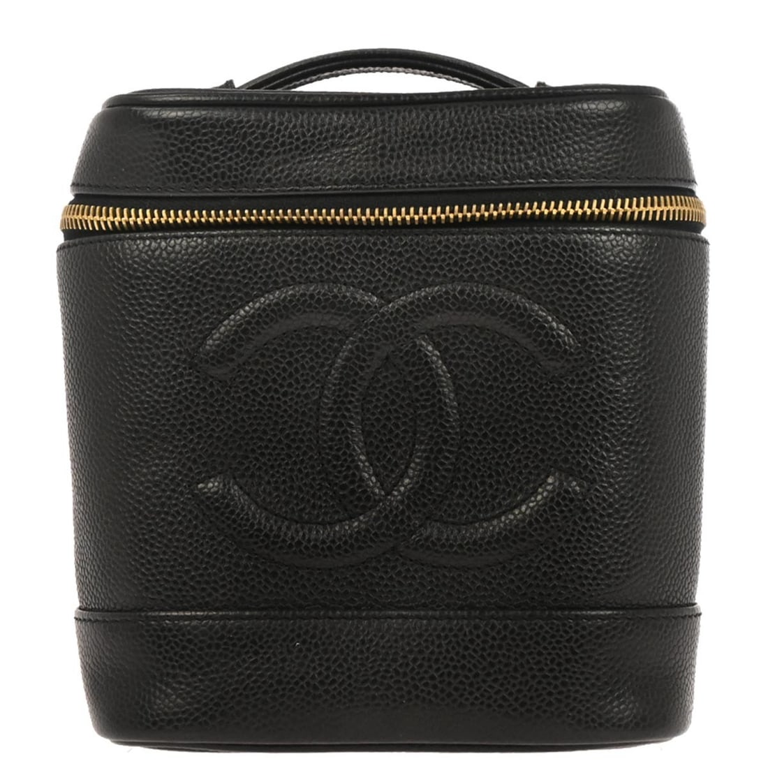 Chanel Vanity Cosmetic Bag in Black Caviar Leather with Top Handle: Chanel Vanity Cosmetic Bag in Black Caviar Leather with Top Handle This Chanel Timeless Vanity handbag is crafted from black caviar skin leather and features a medium-sized silhouette. The bag is desi