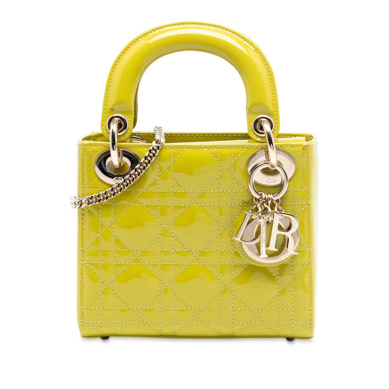 Dior Lady Dior Mini Yellow Patent Cannage Leather Shoulder Bag: Dior Lady Dior Mini Yellow Patent Cannage Leather Shoulder Bag This Mini Patent Cannage Lady Dior bag features a quilted patent leather exterior in yellow, flat leather top handles, and a detachable c