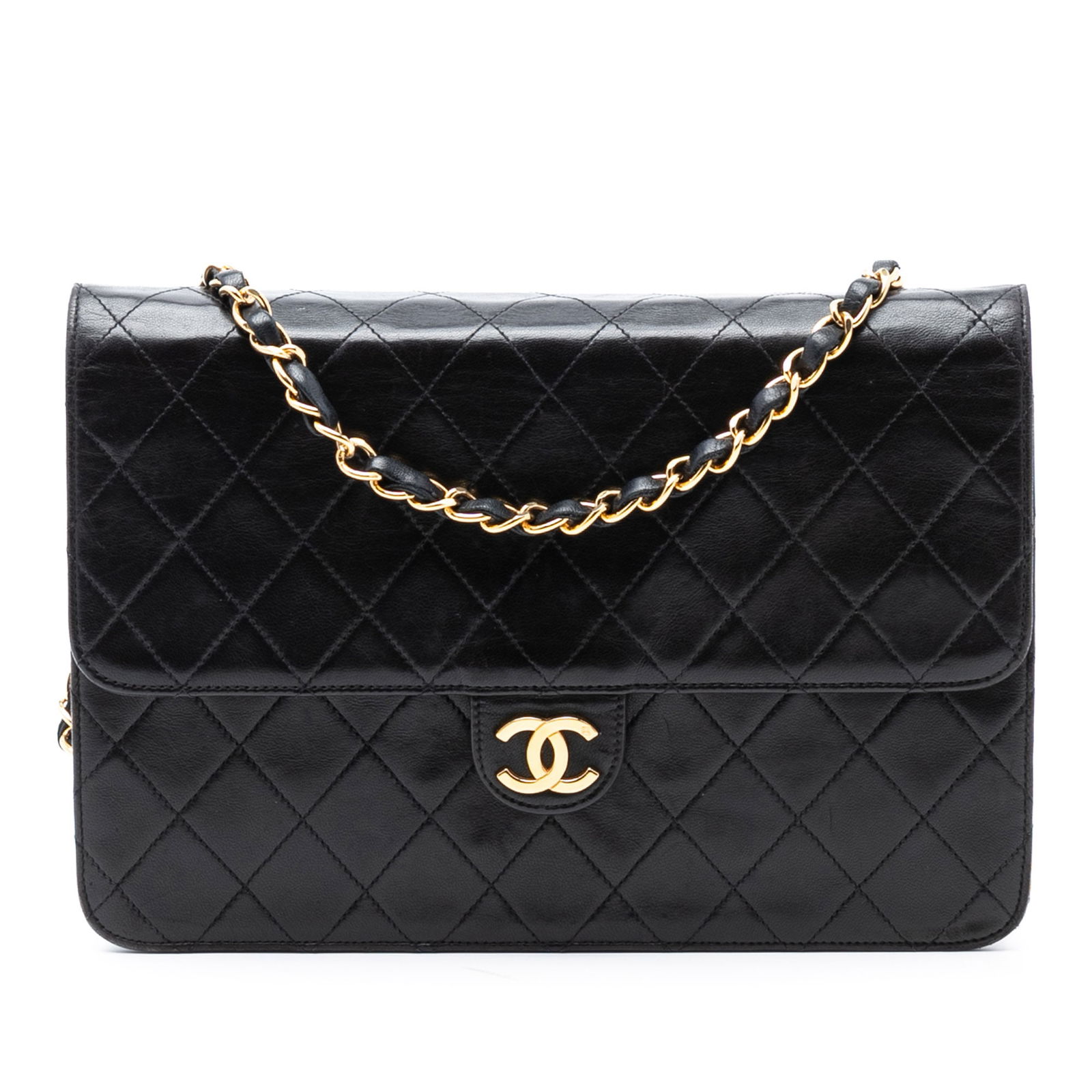 Chanel Black Lambskin Quilted Medium Flap Crossbody Bag with CC Turn Lock: Chanel Black Lambskin Quilted Medium Flap Crossbody Bag with CC Turn Lock This Chanel Medium CC Quilted Lambskin Single Flap crossbody bag features a quilted black lambskin leather body, a leather-wov