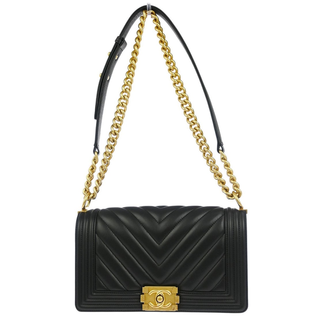 Chanel Boy Black Lambskin Chevron Medium Shoulder Bag: Chanel Boy Black Lambskin Chevron Medium Shoulder Bag Introducing the Chanel Boy Black Lambskin Chevron Medium Shoulder Bag, a stunning accessory that combines luxury and style. This square-shaped sho