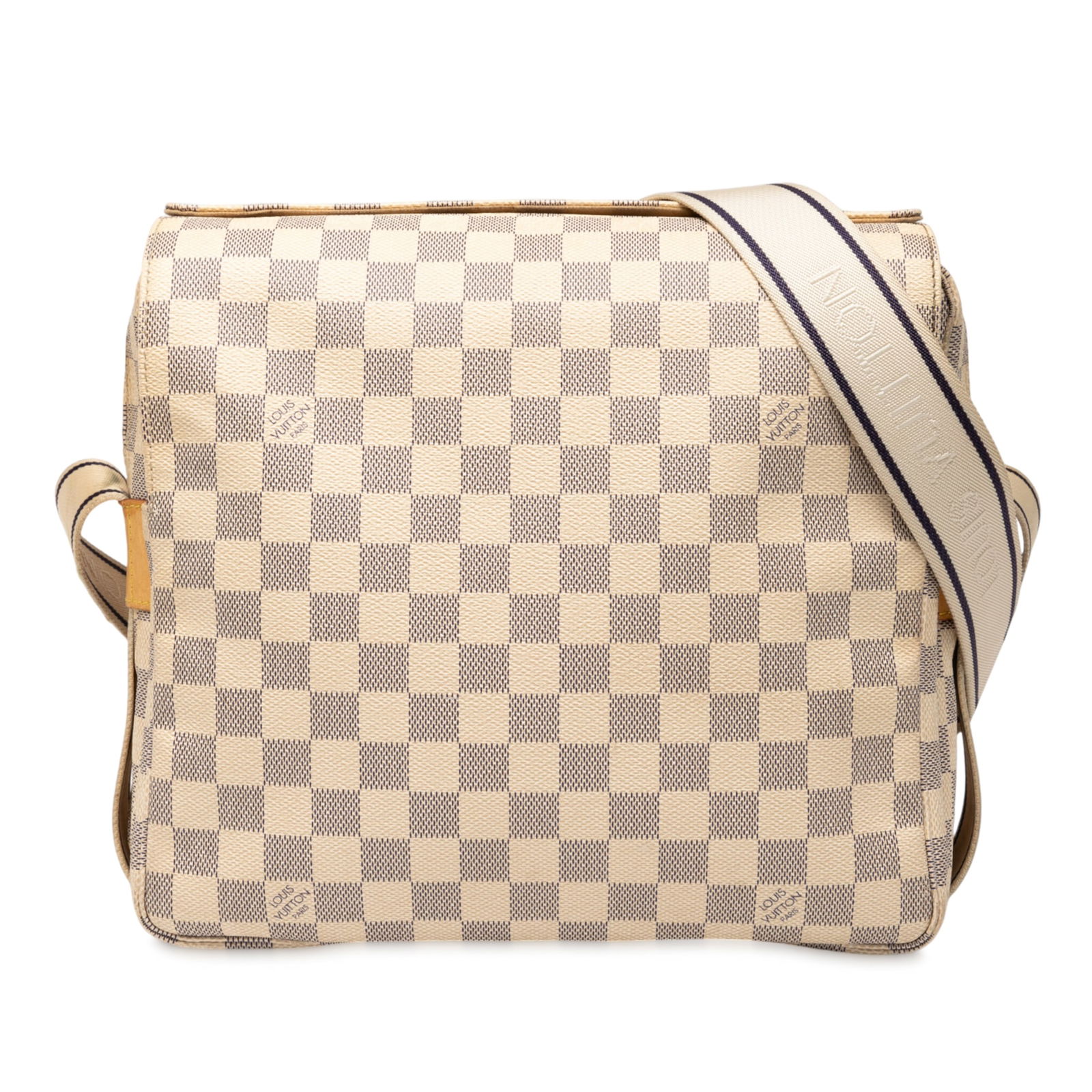 Louis Vuitton Damier Azur Naviglio Bag with Snap Closure: Louis Vuitton Damier Azur Naviglio Bag with Snap Closure The Louis Vuitton Damier Azur Naviglio is a stylish and functional bag made from damier azur canvas. It features a flat strap for comfortable w