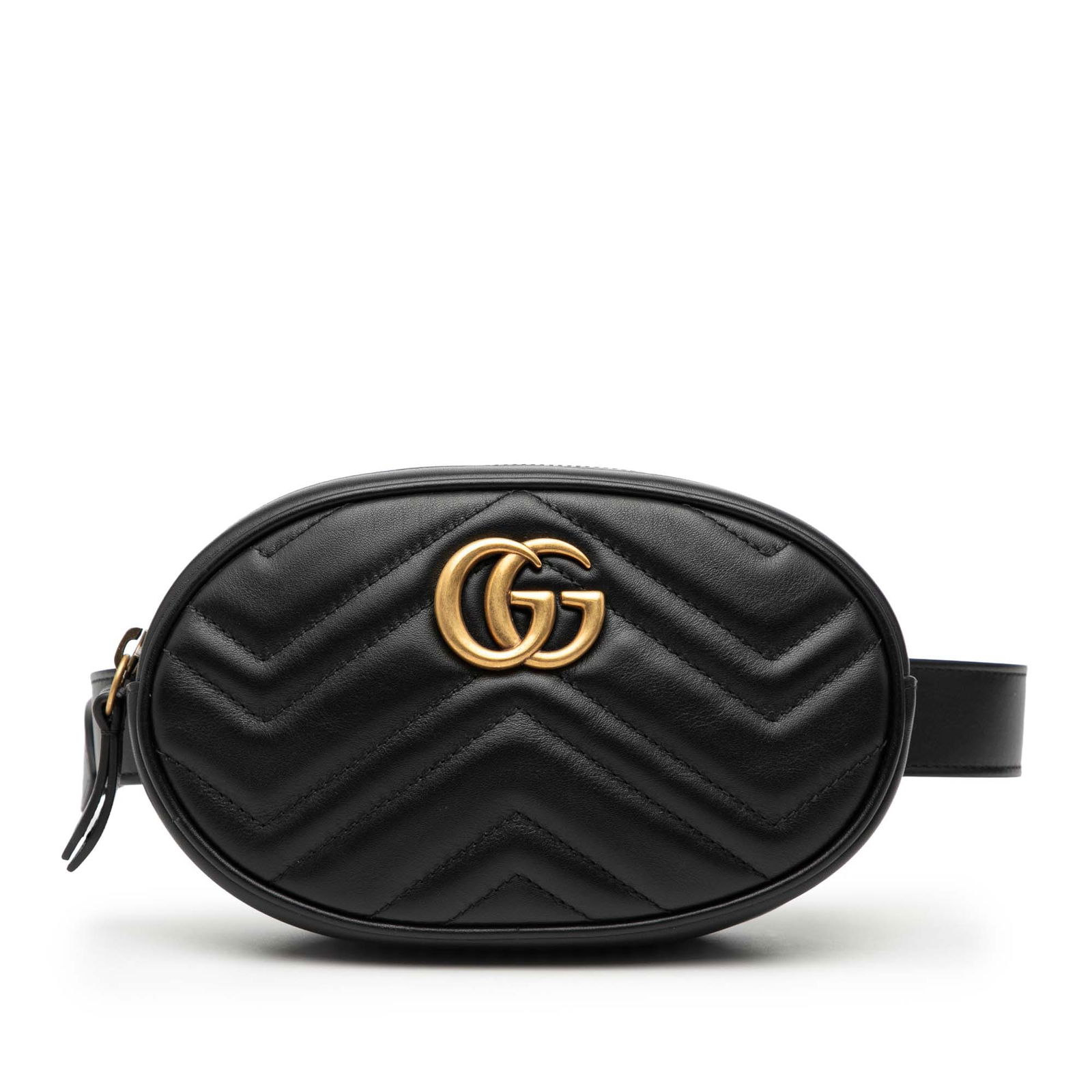 Gucci GG Marmont Black Leather Quilted Belt Bag with Waist Strap: Gucci GG Marmont Black Leather Quilted Belt Bag with Waist Strap This Gucci GG Marmont Matelasse belt bag features a quilted black leather body and an adjustable flat leather waist strap. The design i