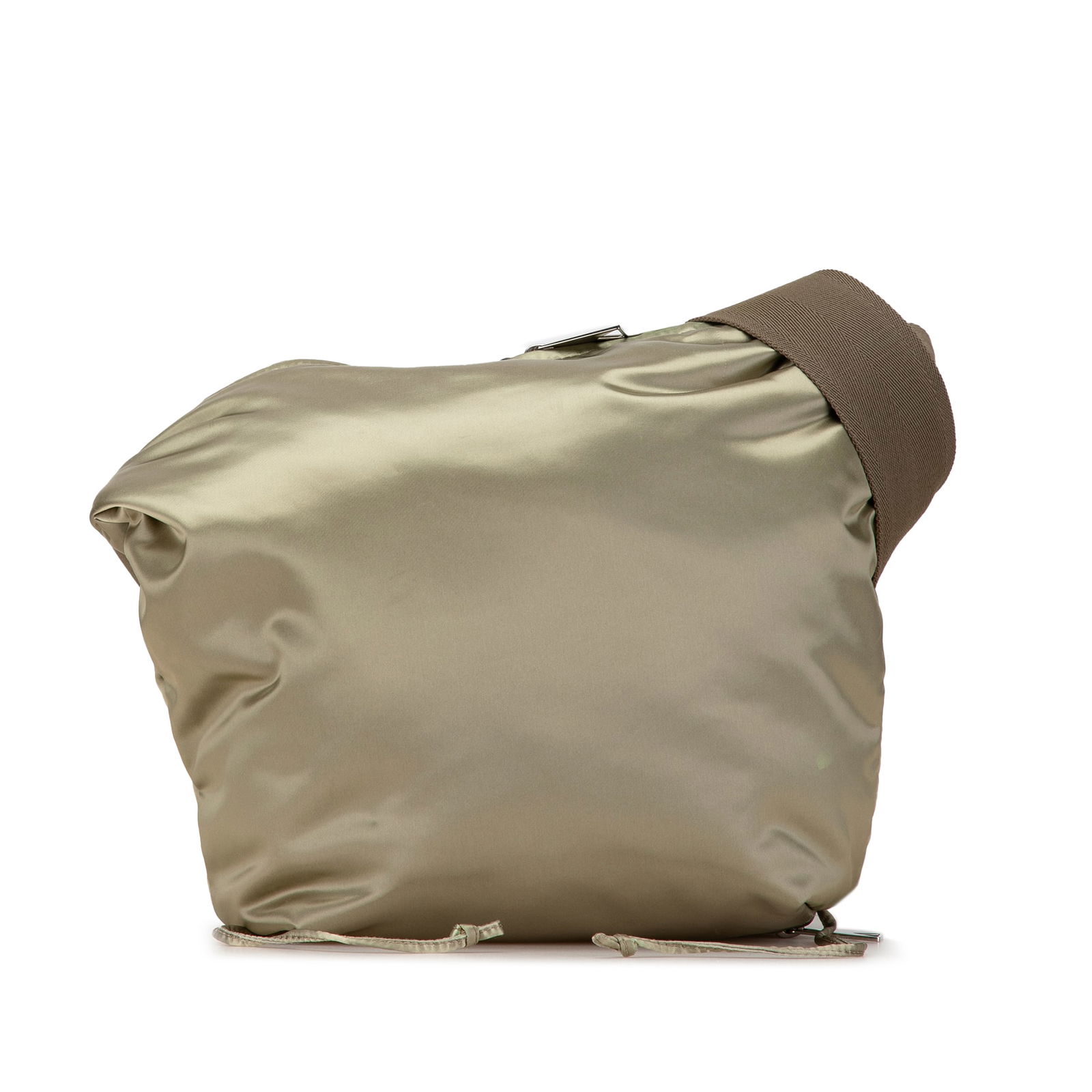 Bottega Veneta Brown Satin Crossbody Bag with Zip Compartment: Bottega Veneta Brown Satin Crossbody Bag with Zip Compartment This Bottega Veneta Satin Crossbody bag exemplifies elegance with its satin fabric construction. Designed with practicality in mind, it fe