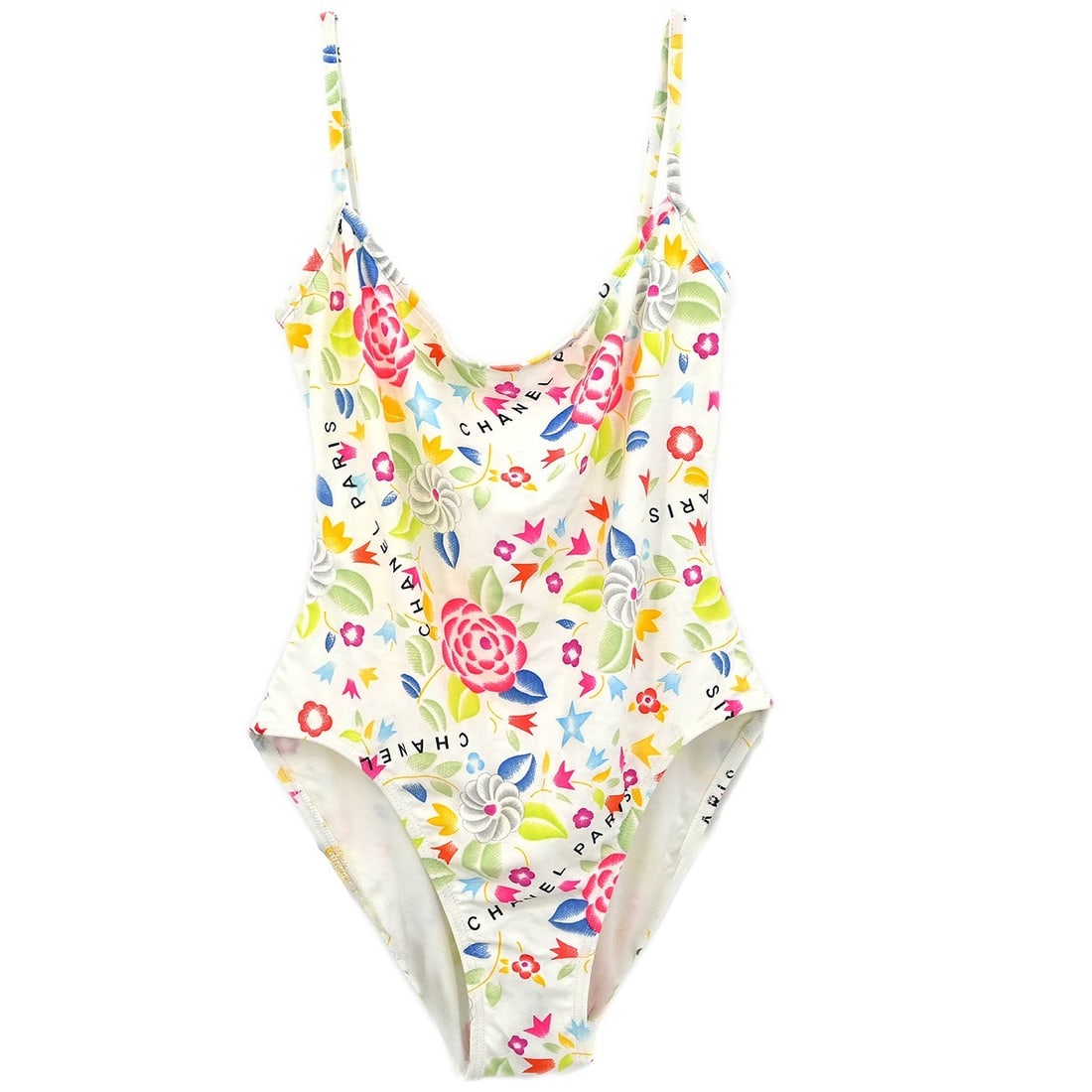 Chanel White Swimsuit Size #40 with Logo Accent: Chanel White Swimsuit Size #40 with Logo Accent Elevate your beach look with this exquisite Chanel white swimsuit. Crafted from a blend of 78% nylon and 22% spandex, this swimsuit promises both comfor