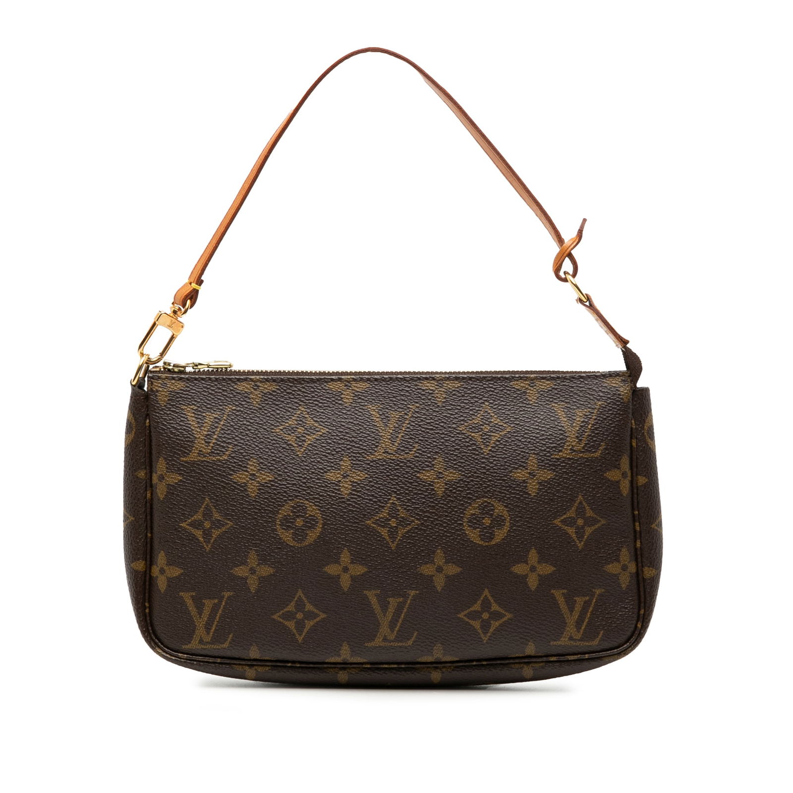 Monogram Canvas Pochette Accessoires Bag by Louis Vuitton with Vachetta Strap: Monogram Canvas Pochette Accessoires Bag by Louis Vuitton with Vachetta Strap This Louis Vuitton Monogram Pochette Accessoires features the signature monogram canvas with a brown color scheme and a fl
