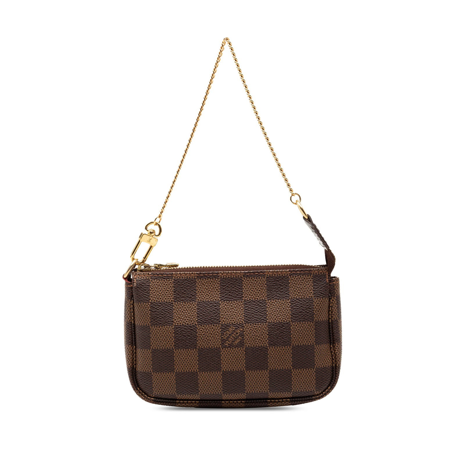 Louis Vuitton Mini Pochette Accessoires in Damier Ebene Canvas with Chain Strap: Louis Vuitton Mini Pochette Accessoires in Damier Ebene Canvas with Chain Strap This Louis Vuitton Damier Ebene Mini Pochette Accessoires features a brown Damier Ebene canvas body with a gold-tone cha