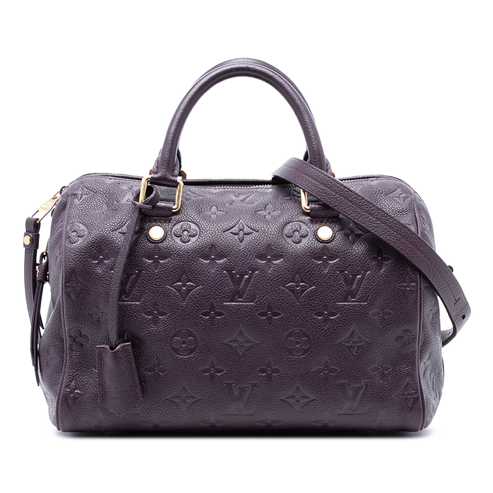 Louis Vuitton Speedy Bandouliere 25 Monogram Empreinte Purple Leather Bag: Louis Vuitton Speedy Bandouliere 25 Monogram Empreinte Purple Leather Bag This Louis Vuitton Monogram Empreinte Speedy Bandouliere 25 is crafted from purple empreinte leather and features rolled leath